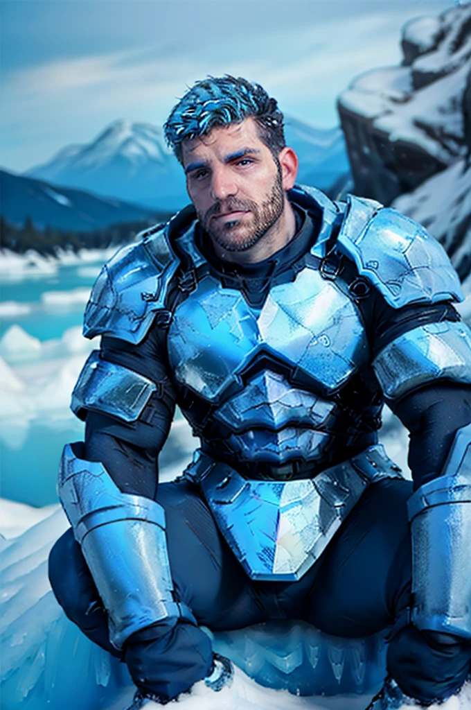  extreme close-up, close-up on face, man, sitting on a rock, futurist neon armor , blue hair and blue stubble, snowy landscape with ice crystals. (best quality, 4k, 8k, high resolution, masterpiece: 1.2, Ultra detailed) Very detailed face, detailed facial features