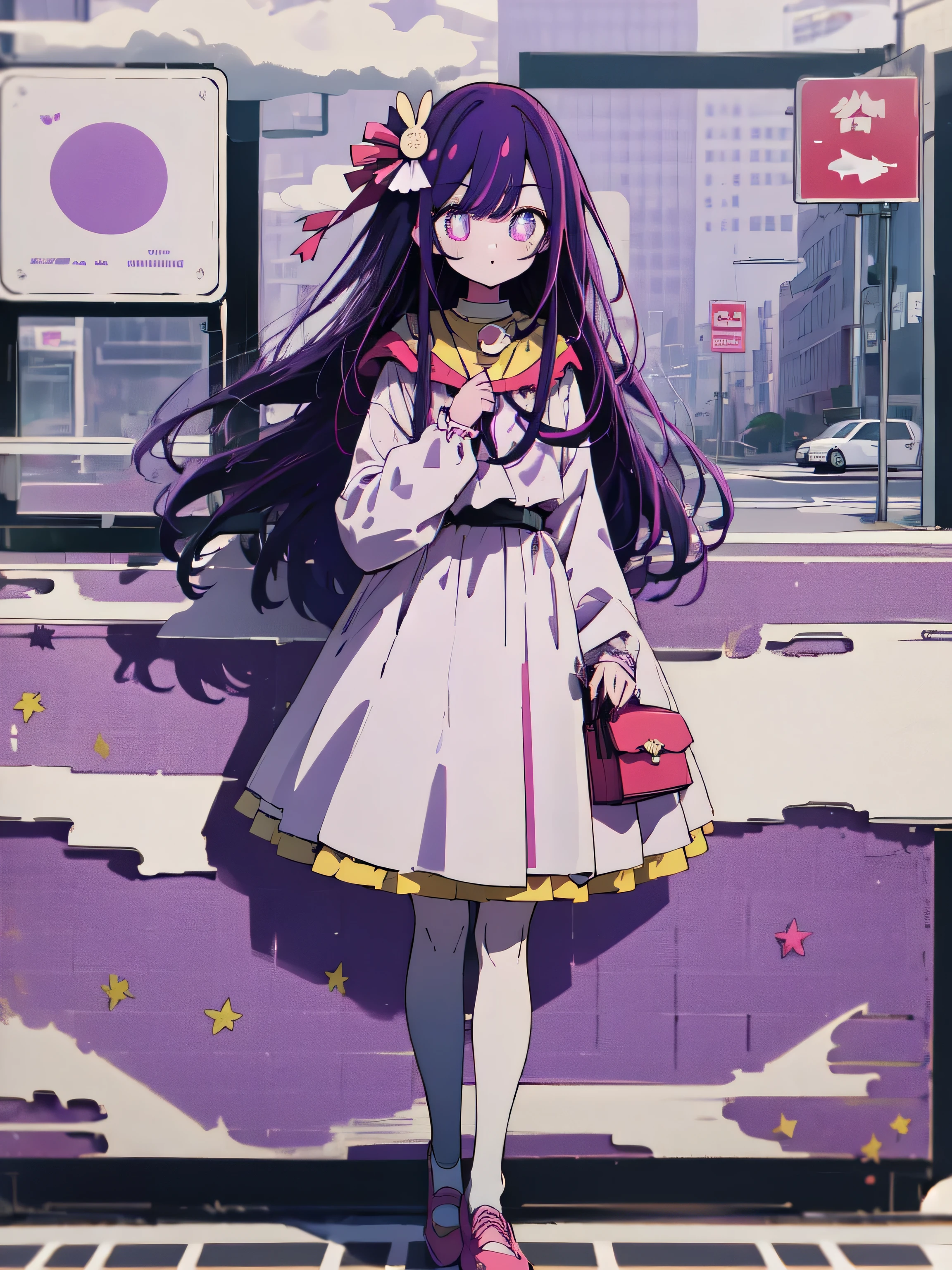 1girl, solo, hoshino ai, coat, long sleeves, purple hair, (star-shaped pupils), long hair, bangs, looking at viewer, yellow footwear, road sign, outdoors, autumn, trees, momiji, absurdres, 16k, masterpiece, best quality,