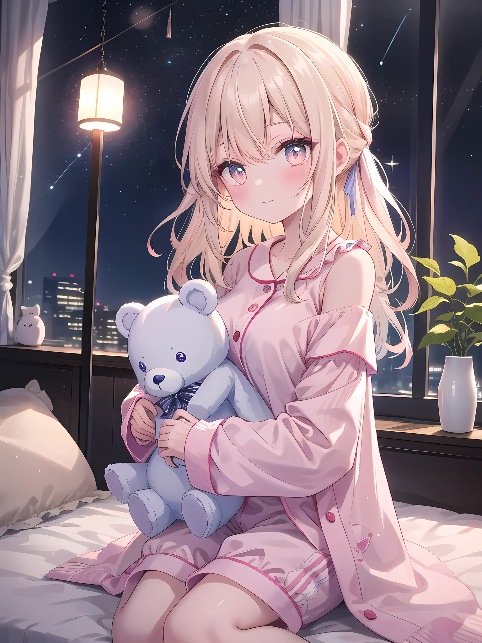((8k, best quality, master piece: 1.3)),super high resolution,(1 girl, solo), (colorshift eyes, hyperdetailed, expressive sparkling, glitter, glowing eyes), ultra detailed eyes, ultra-detailed face, random hair, ((pastel color)),A woman is holding a stuffed toy. The background is a calm and tranquil bedroom. The soft light of a standing lamp gently illuminates the room. The walls are a pale pastel pink, and the room has a simple yet comfortable décor. A large bed sits in the center of the room, topped with fluffy silk sheets. A few cushions and a soft blanket are placed on the bed, creating a relaxing atmosphere. The woman is dressed casually and relaxed, wearing cream-colored fleece pajamas, a long-sleeved top and pants of the same material. The pajamas are soft and form-fitting, yet loose-fitting. She is barefoot, and her overall outfit is relaxed for the evening. Her hair is long and lightly wavy. Her hair is pastel in color and shoulder-length. Her hair is barely tied up, and is left naturally down. Her face is calm, with a gentle smile in her eyes. Her makeup is natural, highlighting the healthy glow of her skin. She is holding a large stuffed toy, which is in the shape of a fluffy, cute bear. The stuffed toy has large eyes, a gentle expression, and a soft body, and you can see that she is holding it tightly. She is holding the stuffed toy close to her chest, with part of her body leaning against it. The texture and expression of the stuffed toy are depicted in detail, highlighting her relaxed posture and the cuteness of the stuffed toy. A faint glimpse of the starry sky outside can be seen through the window, and a little soft moonlight enters the room. The angle of the shot is set to include her upper body and the stuffed toy.