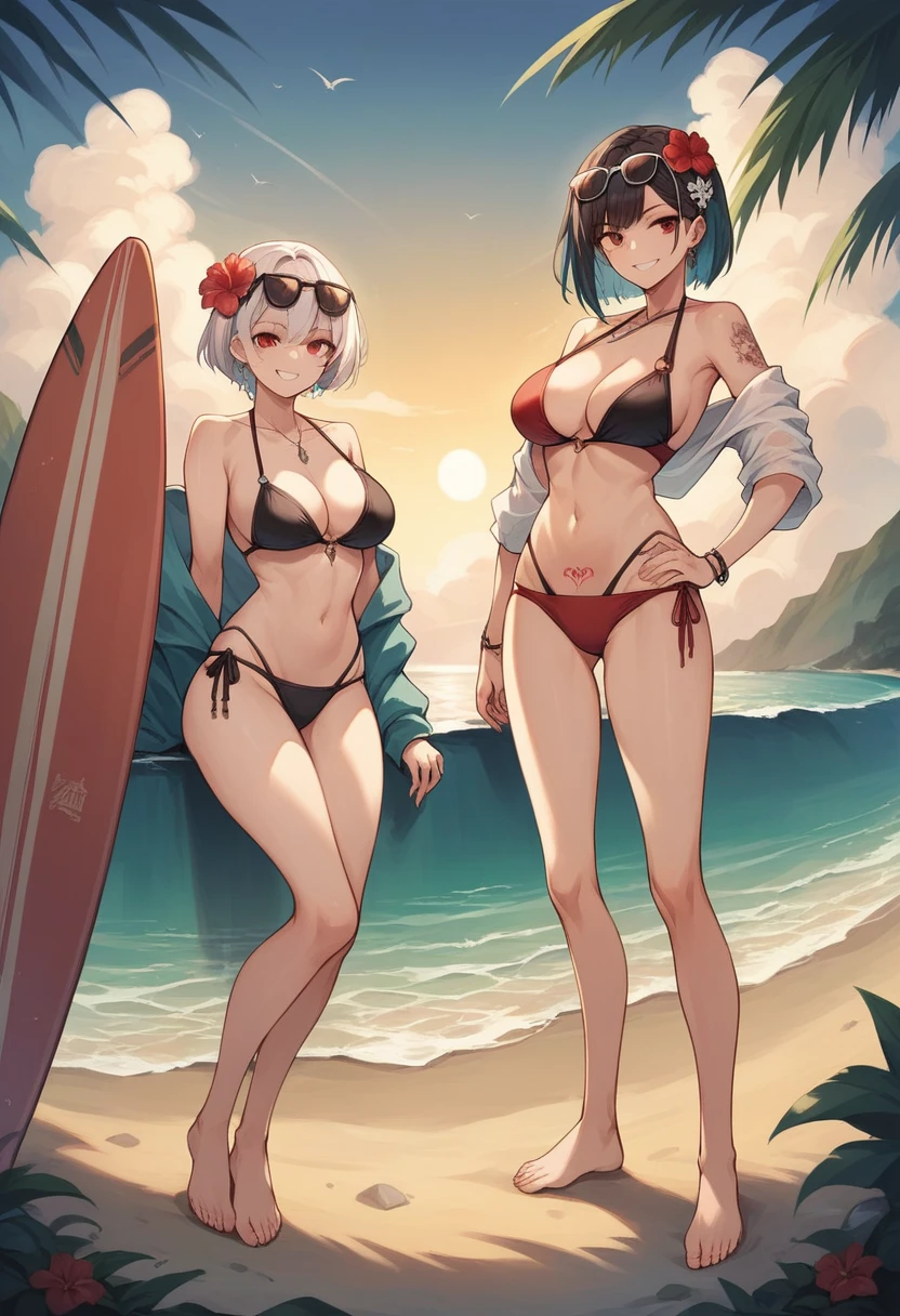 long hair, breasts, looking at viewer, smile, short hair, bangs, multiple girls, large breasts, black hair, hair ornament, red eyes, navel, holding, 2girls, bare shoulders, jewelry, sitting, standing, swimsuit, flower, white hair, bikini, thighs, multicolored hair, earrings, outdoors, sky, barefoot, cloud, hair flower, water, off shoulder, mole, grin, two-tone hair, hand on hip, bare legs, tattoo, black bikini, beach, sunglasses, string bikini, eyewear on head, red bikini, sunset, surfboard