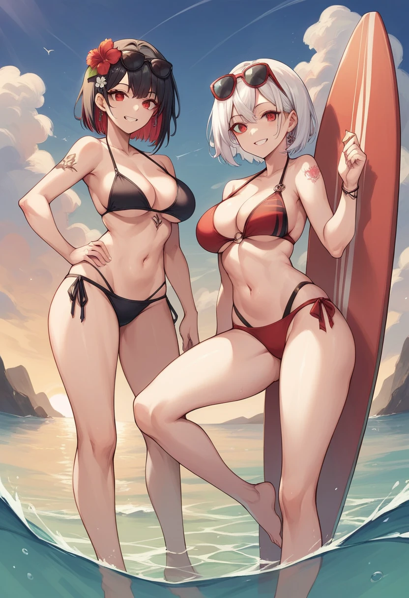 long hair, breasts, looking at viewer, smile, short hair, bangs, multiple girls, large breasts, black hair, hair ornament, red eyes, navel, holding, 2girls, bare shoulders, jewelry, sitting, standing, swimsuit, flower, white hair, bikini, thighs, multicolored hair, earrings, outdoors, sky, barefoot, cloud, hair flower, water, off shoulder, mole, grin, two-tone hair, hand on hip, bare legs, tattoo, black bikini, beach, sunglasses, string bikini, eyewear on head, red bikini, sunset, surfboard