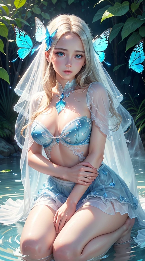 (best quality,ultra-detailed),(realistic:1.37),transparent water,blue butterfly,beautiful detailed eyes,beautiful detailed lips,sparkling,airy,ethereal,soft sunlight,calm,serene,white gauze skirt,vivid colors, kneeling