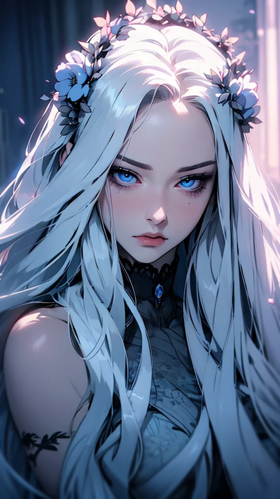 hyper-realistic  of a mysterious woman with flowing silver hair, piercing blue eyes, and a delicate floral crown, upper body