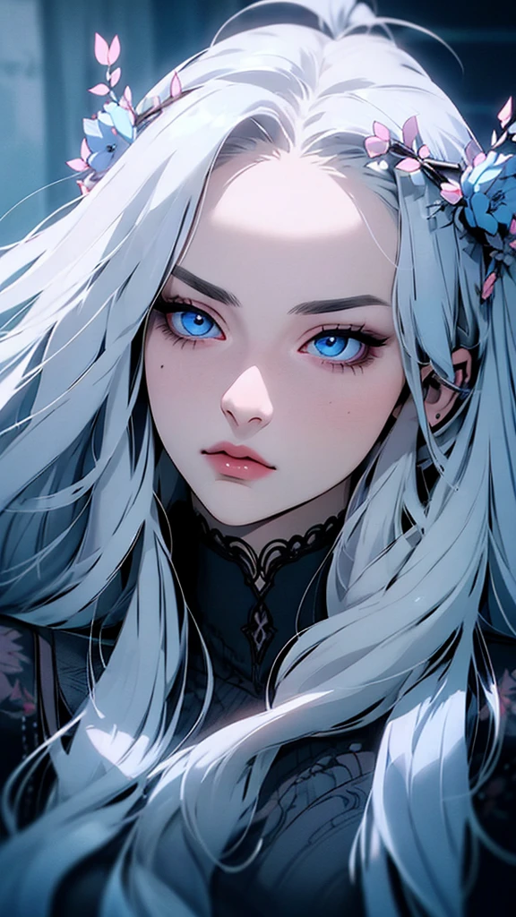 hyper-realistic  of a mysterious woman with flowing silver hair, piercing blue eyes, and a delicate floral crown, upper body