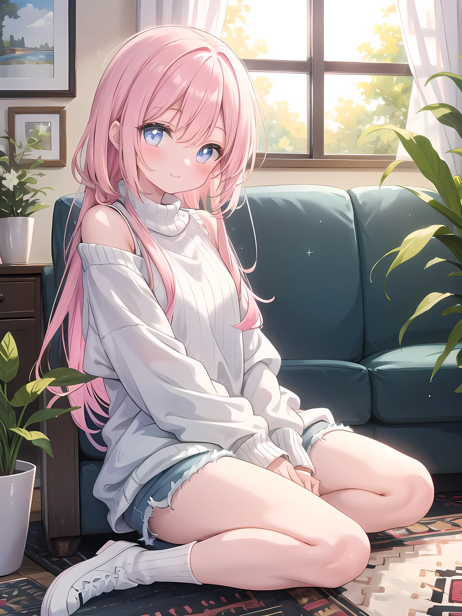 ((8k, best quality, master piece: 1.3)),super high resolution,(1 girl, solo), (colorshift eyes, hyperdetailed, expressive sparkling, glitter, glowing eyes), ultra detailed eyes, ultra-detailed face, random hair, ((pastel color)),A woman sitting cutely in a split-legged seat. The background is a living room with a calm interior, decorated in warm, natural colors. The walls of the room are cream-colored, and soft natural light pours in through the window, brightening the entire room. A fluffy rug is laid out in the center of the living room, and a sofa is placed on top of it. There are several colorful cushions on the sofa. The woman is dressed in a simple, yet casual outfit that accentuates her cuteness. She is wearing a soft pink sweater, light blue denim shorts, and simple white sneakers on her feet. The sweater is a slightly loose design with ribbed cuffs and hem, giving an overall relaxed impression. The shorts are light, and complement her casual yet cute style. Her hairstyle is shoulder-length and characterized by soft, straight hair. Her hair is pastel colored and lightly curled inward. Her face has a bright smile and her eyes are large and bright, giving her an innocent and cute impression. She is posed sitting on a rug with her legs spread apart. In the wariza position, her legs are spread apart and her knees are slightly bent, balancing her body. Her hands are lightly resting on her knees, and she is relaxed in a comfortable position. The natural posture emphasizes her cuteness and sense of relaxation. In the background, there are art and posters hanging on the wall, and small plants and miscellaneous items lined up on the shelves, giving the whole room a sense of warmth and individuality. The angle of the shot is set so that her entire body is visible, and the wariza position and the interior of the living room are depicted in detail.
