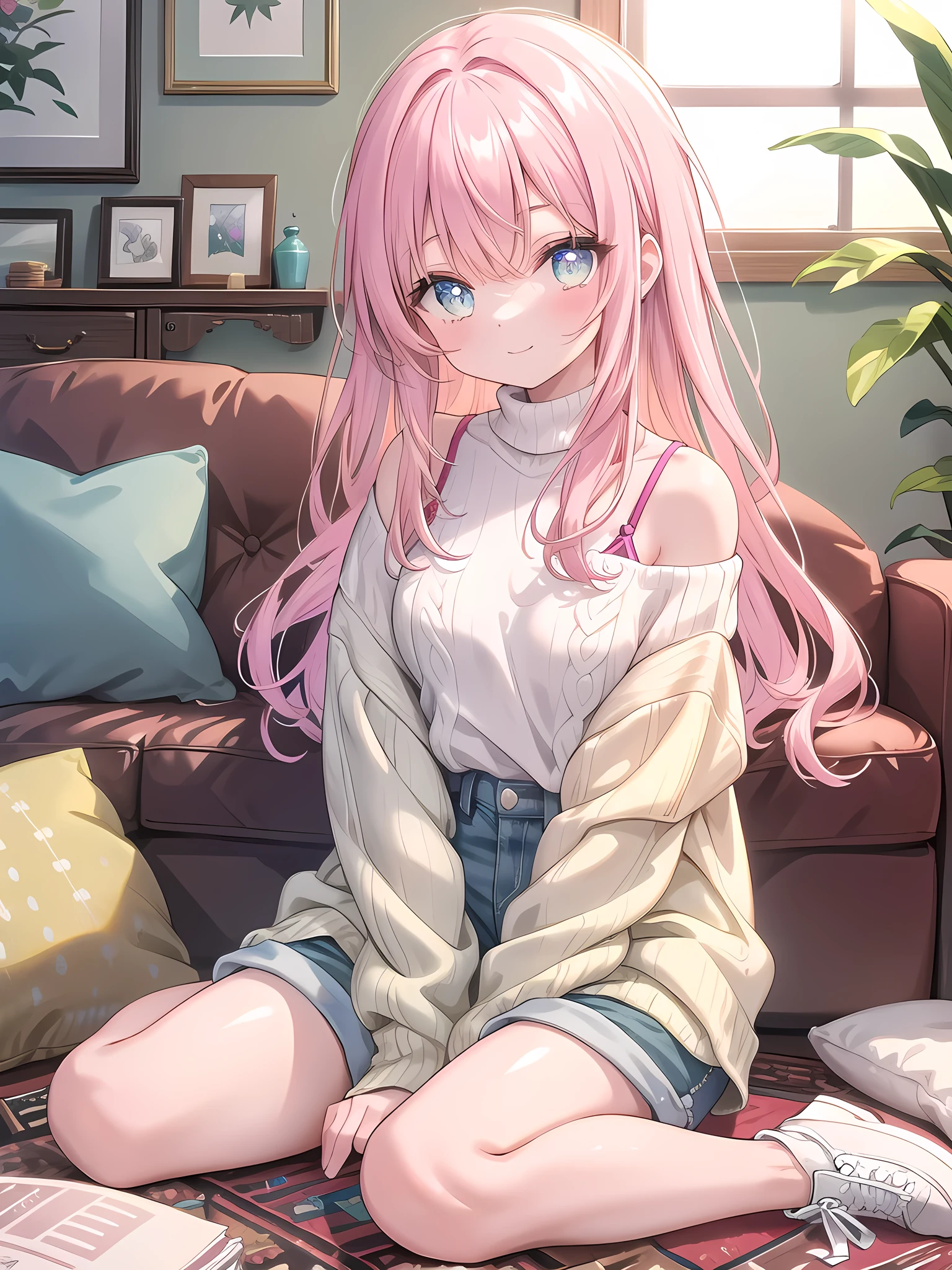 ((8k, best quality, master piece: 1.3)),super high resolution,(1 girl, solo), (colorshift eyes, hyperdetailed, expressive sparkling, glitter, glowing eyes), ultra detailed eyes, ultra-detailed face, random hair, ((pastel color)),A woman sitting cutely in a split-legged seat. The background is a living room with a calm interior, decorated in warm, natural colors. The walls of the room are cream-colored, and soft natural light pours in through the window, brightening the entire room. A fluffy rug is laid out in the center of the living room, and a sofa is placed on top of it. There are several colorful cushions on the sofa. The woman is dressed in a simple, yet casual outfit that accentuates her cuteness. She is wearing a soft pink sweater, light blue denim shorts, and simple white sneakers on her feet. The sweater is a slightly loose design with ribbed cuffs and hem, giving an overall relaxed impression. The shorts are light, and complement her casual yet cute style. Her hairstyle is shoulder-length and characterized by soft, straight hair. Her hair is pastel colored and lightly curled inward. Her face has a bright smile and her eyes are large and bright, giving her an innocent and cute impression. She is posed sitting on a rug with her legs spread apart. In the wariza position, her legs are spread apart and her knees are slightly bent, balancing her body. Her hands are lightly resting on her knees, and she is relaxed in a comfortable position. The natural posture emphasizes her cuteness and sense of relaxation. In the background, there are art and posters hanging on the wall, and small plants and miscellaneous items lined up on the shelves, giving the whole room a sense of warmth and individuality. The angle of the shot is set so that her entire body is visible, and the wariza position and the interior of the living room are depicted in detail.