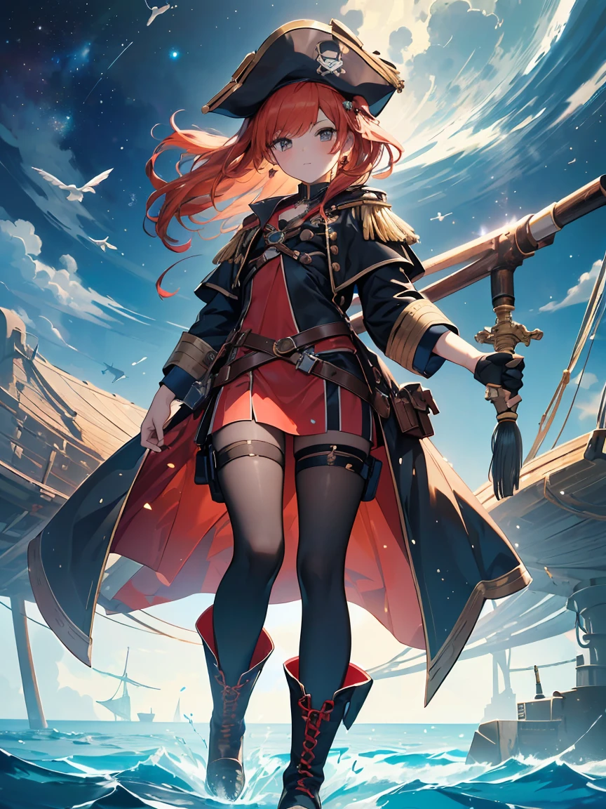 (high resolution) , (best qualityer),(4 k image),(detailedeyes),(body detailed). (1 girl , russet hair.),(very small chest), dressed as a special pirate captain,( black and red space pirate clothes),with a lollipop,entire body visible,standing (sample body,to the feet)she is flying, in the sea of space showing the flying shoes