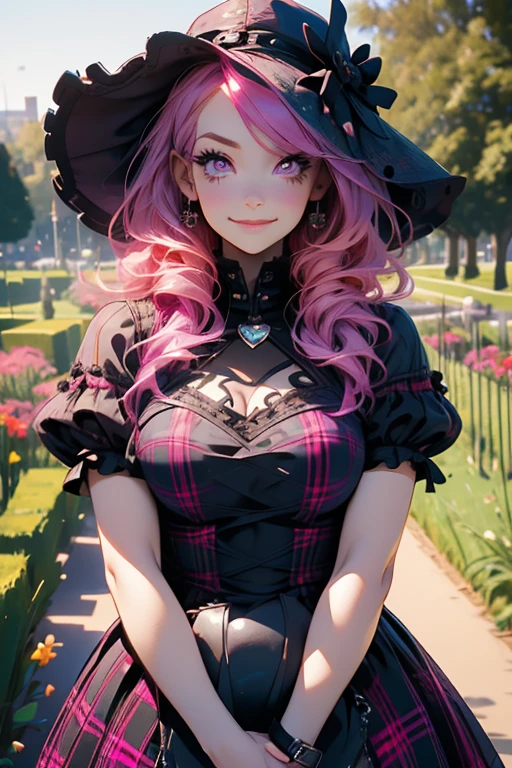 Perfect face. Perfect hands. A pink haired woman with violet eyes and an hourglass figure in a Gothic plaid dress is posing in a garden with a sad smile in the park