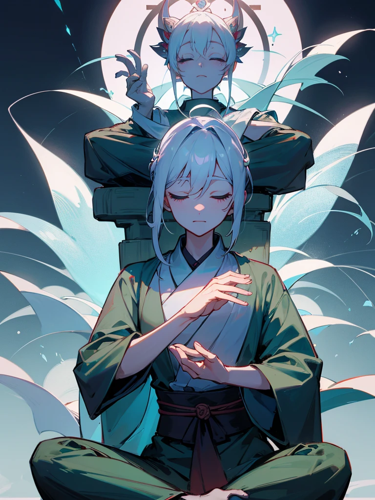 The Void蔵菩薩、A jewel that grants wishes in the left hand、The Void、Granting hand seal、Open lotus seat, Zen meditation, halo, Bodhisattva's crown