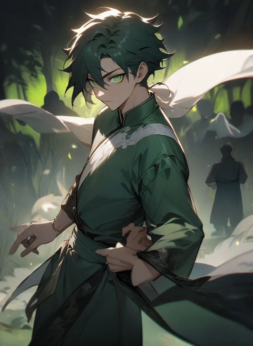 highest quality、masterpiece、man in silhouette、dark scary background、suspicious light young man ,Male Dark, dark Woods, dark green colors, monk dnd, man with green eye, Kungfu Tai Chi Clothes costume style,
