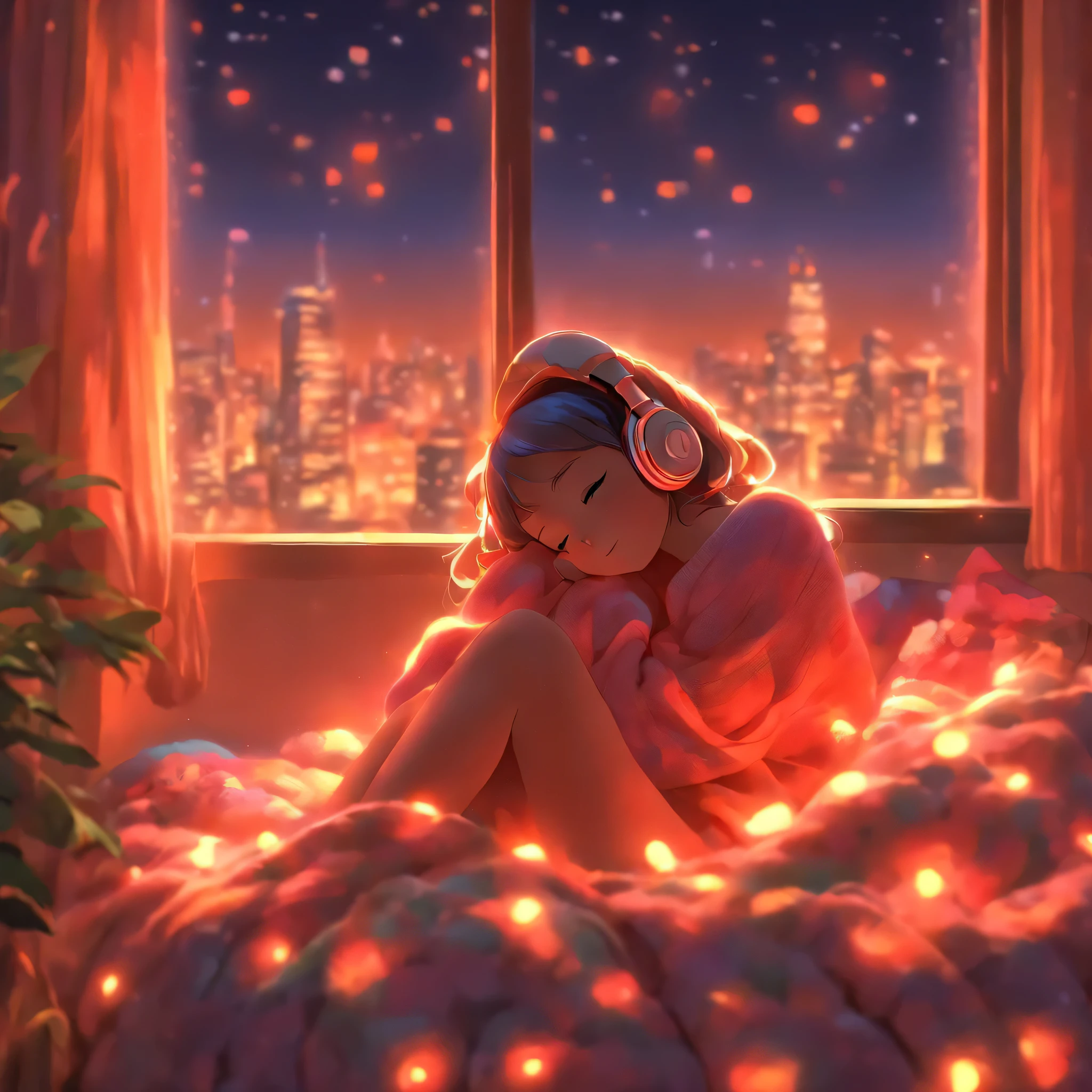 a girl, lying sleeping, wearing a big sweater, wearing headphones, legs covered with a blanket, lofi, calm, calm atmosphere, in her room looking at the window, cool, night, quiet night, masterpiece, best quality