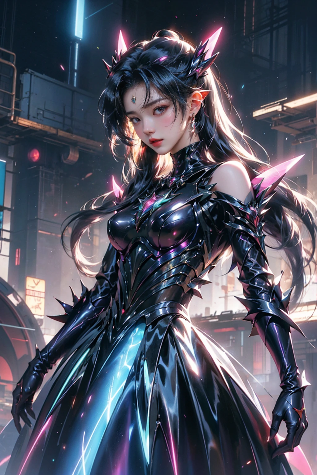 ((4K works))、​masterpiece、(top-quality)、((One Beautiful Villain Girl))、Slim body、tall、((Villain Black Dress Fashion))、(Detailed beautiful eyes)、Assembly hall、Meeting of villains、((Face similar to Carly Rae Jepsen))、((Long boyish black and white split hair))、((Smaller face))、((Neutral face))、((Bright blue eyes))、((American adult women))、((Adult female 26 years old))、((cool lady))、((Like a celebrity))、((Like the villain queen))、((The expression showing his fangs and smiling))、((Korean Makeup))、((Villain Queen Makeup))、((elongated and sharp eyes))、((boyish))、((Villain Queen))、((Photograph her from afar))、((Shot diagonally from the side))、Professional Photos、Villain Queen photo、villain pose、((Shot alone))