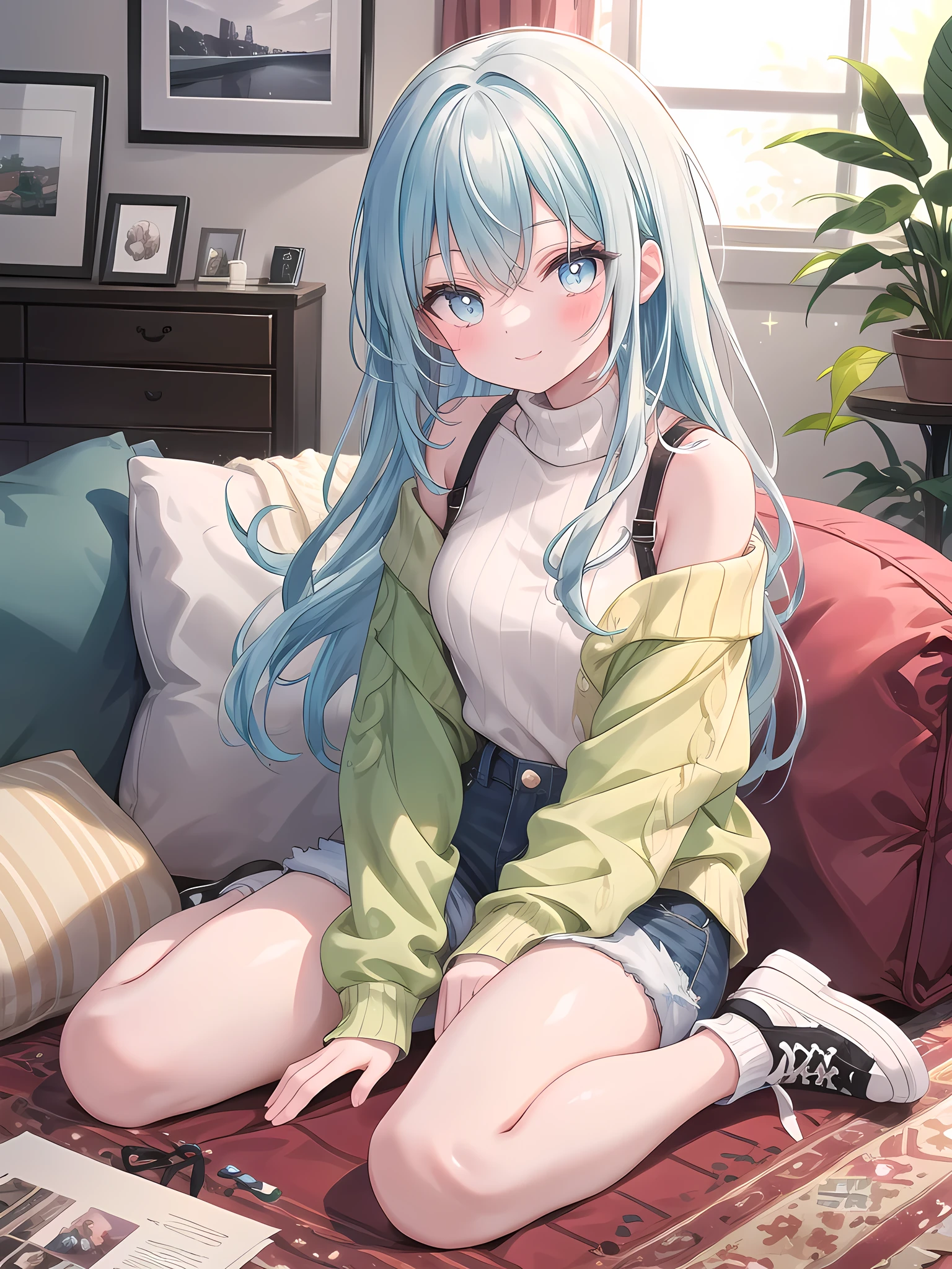 ((8k, best quality, master piece: 1.3)),super high resolution,(1 girl, solo), (colorshift eyes, hyperdetailed, expressive sparkling, glitter, glowing eyes), ultra detailed eyes, ultra-detailed face, random hair, ((pastel color)),A woman sitting cutely in a split-legged seat. The background is a living room with a calm interior, decorated in warm, natural colors. The walls of the room are cream-colored, and soft natural light pours in through the window, brightening the entire room. A fluffy rug is laid out in the center of the living room, and a sofa is placed on top of it. There are several colorful cushions on the sofa. The woman is dressed in a simple, yet casual outfit that accentuates her cuteness. She is wearing a soft pink sweater, light blue denim shorts, and simple white sneakers on her feet. The sweater is a slightly loose design with ribbed cuffs and hem, giving an overall relaxed impression. The shorts are light, and complement her casual yet cute style. Her hairstyle is shoulder-length and characterized by soft, straight hair. Her hair is pastel colored and lightly curled inward. Her face has a bright smile and her eyes are large and bright, giving her an innocent and cute impression. She is posed sitting on a rug with her legs spread apart. In the wariza position, her legs are spread apart and her knees are slightly bent, balancing her body. Her hands are lightly resting on her knees, and she is relaxed in a comfortable position. The natural posture emphasizes her cuteness and sense of relaxation. In the background, there are art and posters hanging on the wall, and small plants and miscellaneous items lined up on the shelves, giving the whole room a sense of warmth and individuality. The angle of the shot is set so that her entire body is visible, and the wariza position and the interior of the living room are depicted in detail.