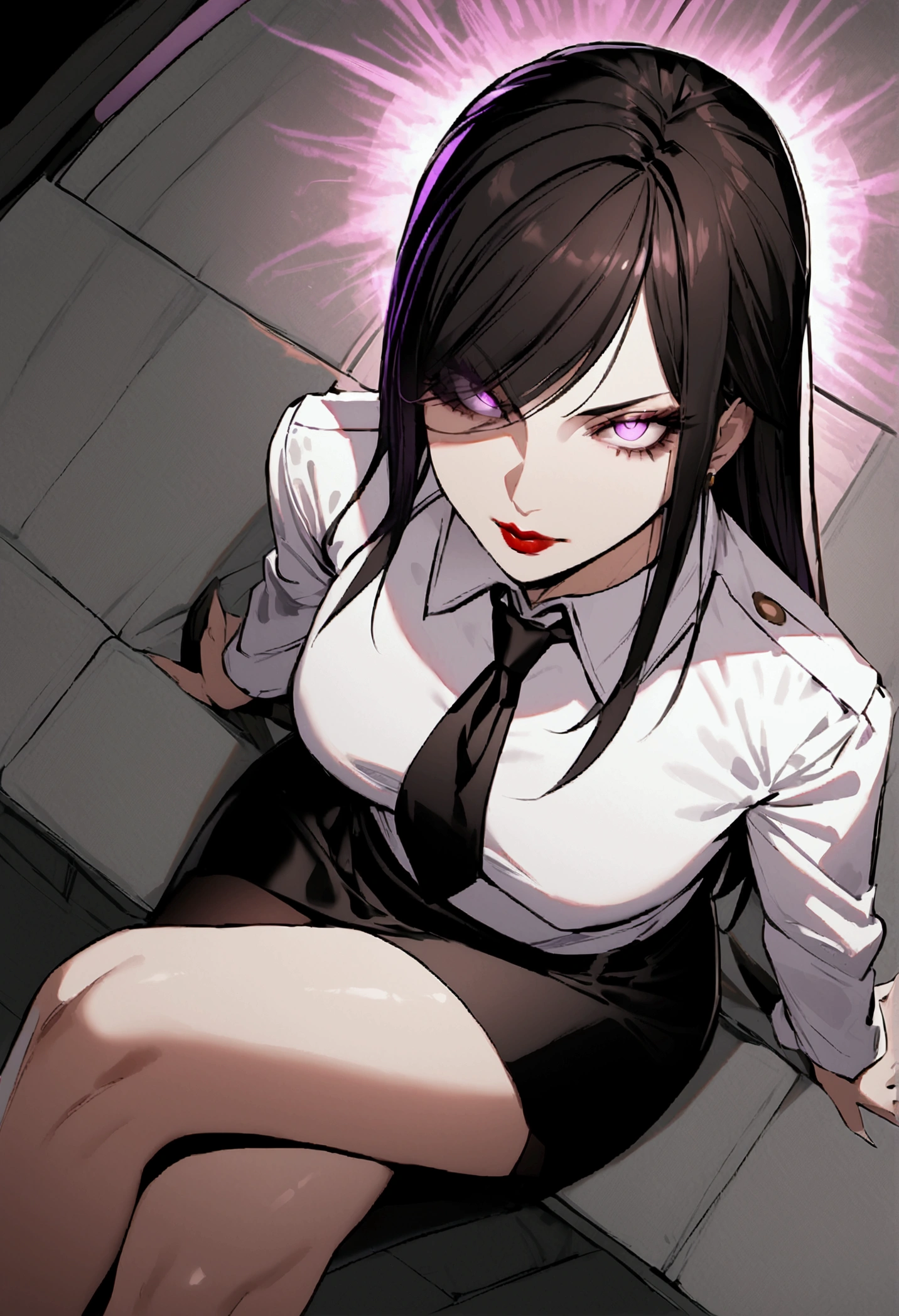 juri han, work of art, tight white secretary shirt with black tie, black high waist skirt, short skirt,stocking, black hair, black tightscary sun,office,bangs on the eyes,Lighting, hair with purple details,view from above,staring overhead,evil smile,sitting,cross legs,glowing purple eyes,red lips,The eyes
