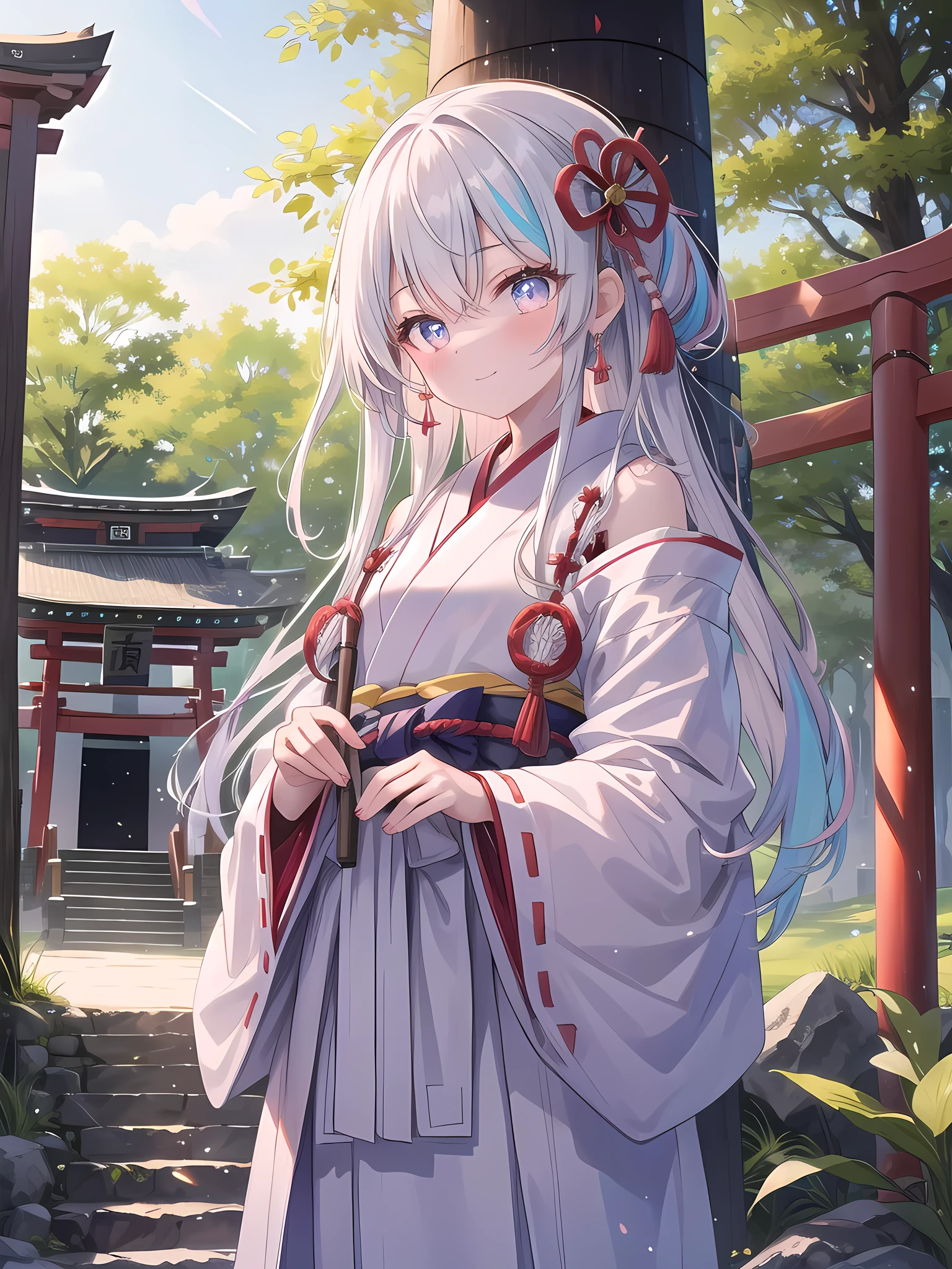 ((8k, best quality, master piece: 1.3)),super high resolution,(1 girl, solo), (colorshift eyes, hyperdetailed, expressive sparkling, glitter, glowing eyes), ultra detailed eyes, ultra-detailed face, random hair, ((pastel color)),A cute shrine maiden. The background is the grounds of a traditional shrine, creating a quiet and sacred atmosphere. In the background of the shrine grounds, lush trees stand, and the torii gate of an old shrine is bathed in a soft light. Several small stone lanterns are placed in the shrine grounds, and their quiet light gently illuminates the grounds at night. In the distance, the main shrine building can be seen through the trees, with its roof made of traditional tiles. The woman is wearing traditional shrine maiden attire, and her costume consists of a pure white "white robe" and a bright vermilion "hakama." The white robe spreads softly from the shoulders to the sleeves, flowing beautifully to match the lines of her body. The collar is carefully embroidered, and the cuffs are decorated with delicate lace. The hakama is a solid vermilion color, with a large ribbon tied around the waist and spreading out like a skirt. The hem of the hakama is embroidered with a traditional pattern, giving the overall impression of being gorgeous and elegant. Her hair is long and fluffy, straight. Her hair is a natural pastel color, shoulder-length and tied in a simple ribbon at the back. Her bangs are neatly trimmed. Her face is soft, she has a gentle smile and a warm light in her eyes. She stands on the stone steps of the shrine grounds and holds a small white onbei (shrine wand). The simple yet sacred ornament of the onbei is emphasized by her divine role as a shrine maiden. Her posture is straight and confident as she is depicted attending a sacred ceremony within the shrine grounds. The angle of the shot is set to allow her entire body to be seen.