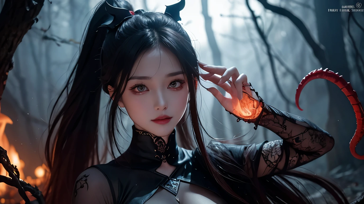 (highest quality,4K,8k,High resolution,masterpiece:1.2),Very detailed,(Realistic,photoRealistic,photo-Realistic:1.37), Close-up of a woman with dark hair and wearing a black dress, 20-year-old woman、(ponytail:1.3)、Dark Theme、Calm colors調、Calm colors、High Contrast、(Natural skin texture、Hyperrealism、Soft Light、sharp)、(Masseter region:1.3)、Beautiful expression、(A vivid face)、Beautiful Hairstyles、Realistic eyes、Beautiful details、(Realistic Skin)、Beautiful skins、(black lace bodysuit)、absurdes、Golden Ratio、Center of chest、supermodel、Dark Eyes,An ominous smile,evil aura,Burning Flames,Soul Corruption,Dark Shadows,An ominous atmosphere,Strange symbols,Cursed Land,Eternal Darkness,An unforgettable presence,Grotesque features,Horror Scene,nightmare to be born kimono,twisted reality,Scary atmosphere,A wonderful work of art,Evil Unleashed,Supernatural horror,Spooky art,nightmare fuel,Terrifyingly clear,Abstract fear,Terrifyingly beautiful,A devilish masterpiece,Fear incarnate,Shadow Chaos,A devilish existence,to be born々Shii Darkness,in style of Dark Fantasy Art, Dark Fantasy Art, Beautiful and elegant devil queen, Dark Fantasy Art, fantasy dark art, Dark fantasy digital art, Gothic fantasy art, Gothic Dark Maiden, Detailed Texture,Spooky creatures,An ominous atmosphere,Mythical,Space horror,darkness,Mysterious,dark aesthetic,Fog Background,Eyes of another world,Ancient Gods々, Powerful wizard, MysteriousStanding in the woods. Flowing robes decorated with symbols, Arms stretched out, Powerful,Tentacles,Pitch black blackness,Majestic,Unfathomable depth,nightmare,The existence of the universe,an ominous existence,seeping darknesss,Secrets of the Universe,that'Terrible,that (Spooky atmosphere), (Cartoon-like atmosphere),(Granular), (Dramatic Shadows), (Dynamic pose), ((Artistically expressed)), ((attractive), (Gothic), (Mysterious Setting), (Moody color palette), (Skillfully drawn), (sense of unease), (Intricate details), (an ominous smile), (an ominous), (attractive eyes), (Horror elements), (attractive composition), (Impressive anat