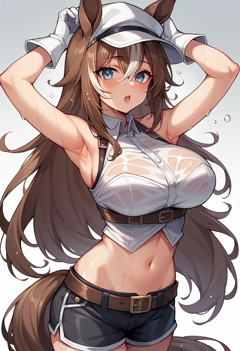 (kinako_(shiratama_mochi) style, ((topless)), nsfw, masterpiece, 1 girl, erect nipples, intricately detailed, navel, bare shoulders, black hair, hard hat, construction site, towel on neck, wiping sweat, baggy pants, cargo pants, extremely detailed, bare breasts, puffy nipples, blueeyes, bare stomach, sweaty, medium breasts, arm strap, cowboy shot, holding sledgehammer, mature, chain, soft eyes, smiling, sunlight, day