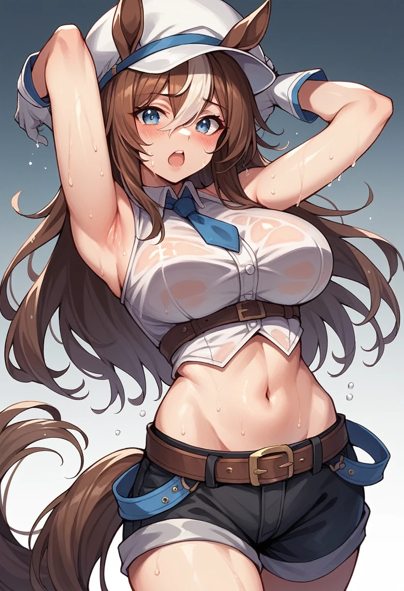 1girl, solo, long hair, , looking at viewer, blush, open mouth, blue eyes, large breasts hair, gloves, hat, navel, animal ears, hair between eyes, tail, multicolored hair, shorts, midriff, belt, white gloves, armpits, arms up, streaked hair, wet, white headwear, black shorts, horse ears, horse girl, horse tail