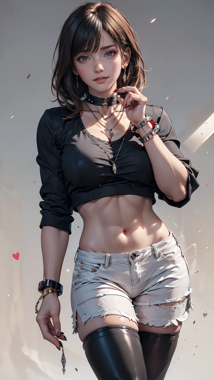 Piriyon, alone, One girl, 黒いnail, jewelry, short hair, View your viewers, choker, necklace, put your hand on your face, Earrings, White Background, heart, Mouth closed, Grey Eyes, Manicure, Simple Background, Grey Hair, ear Earrings, black choker, smile, eyelash, lips, Put your hand on your cheek, bangs, bracelet, beads, gem, Earrings, nail、hard rock fashion、Low rise leather hot pants、Fishnet tights、Stiletto heels、Sexy proportions、Narrow waist