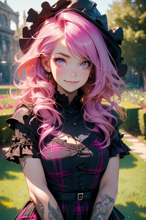 Perfect face. Perfect hands. A pink haired woman with violet eyes and an hourglass figure in a Gothic plaid dress is posing in a garden with a sad smile in the park