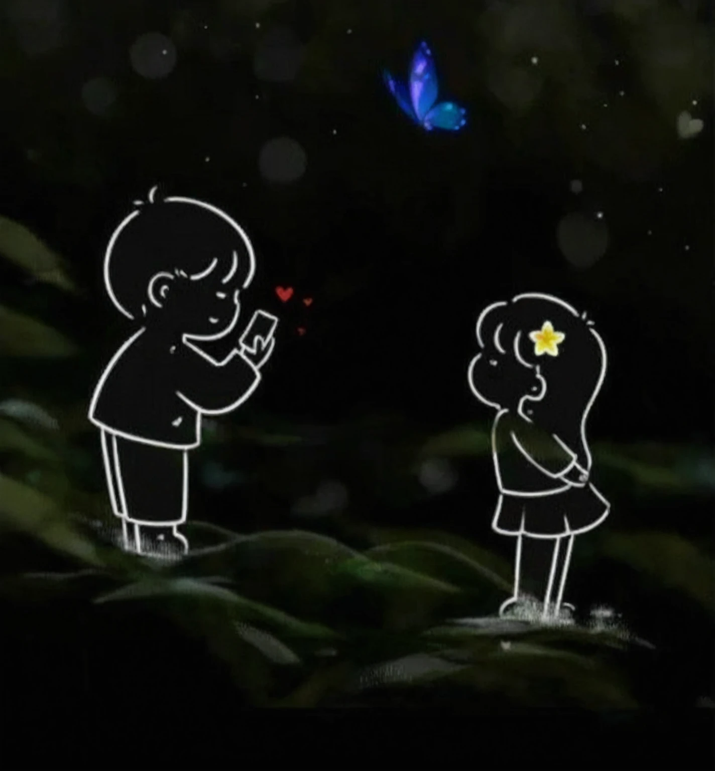 someone is looking at a butterfly that is flying in the sky, boy and girl, emotional picture, cute artwork, cute cartoon, me and you, true love, in love, profile pic, profile picture, high quality fanart, ❤🔥🍄🌪, cute art style, aww, accurate depiction, it is glowing, fireflies!!, couple