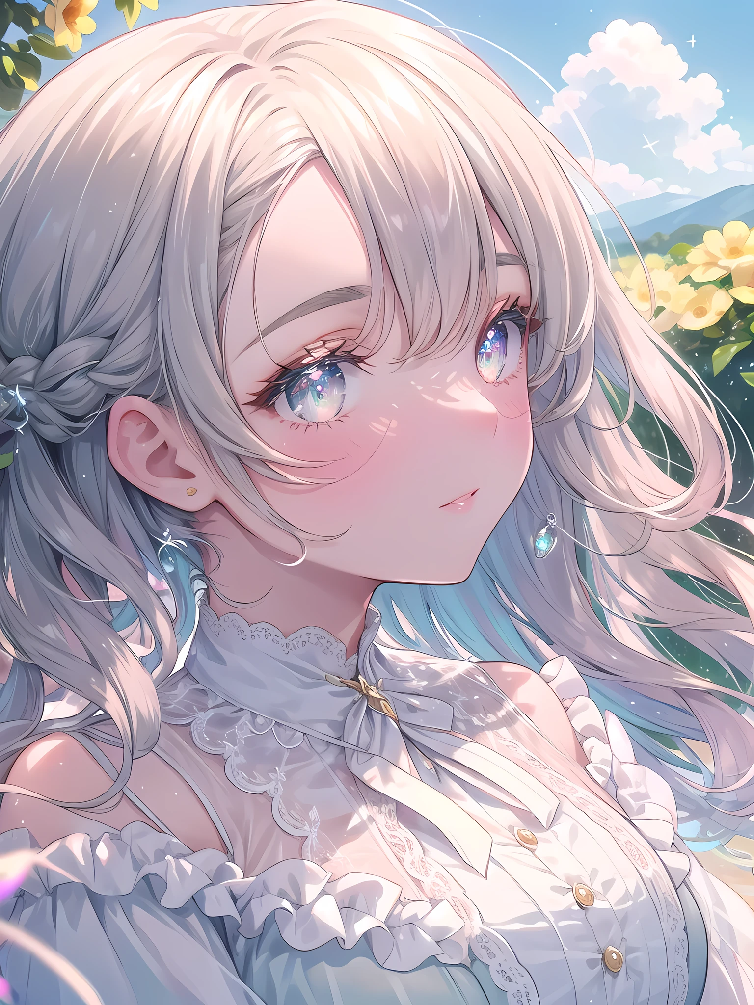 ((8k, best quality, master piece: 1.3)),super high resolution,(1 girl, solo), (colorshift eyes, hyperdetailed, expressive sparkling, glitter, glowing eyes), ultra detailed eyes, ultra-detailed face, random hair, ((pastel color)),A profile of a woman with sparkling eyes. The background is a natural landscape with gentle, soft colors. A pale blue sky spreads in the background, and a few clouds float in the air. The woman is dressed elegantly and calmly, and her simple yet sophisticated style stands out. She is wearing a thin silk shirt in a soft cream color with fine lace details. The shirt has a slightly wide collar and a flowing design around the neck. The shirt has a silhouette that falls lightly on the shoulders, highlighting the elegance of the woman. Her hairstyle is long and naturally straight. Her hair is pastel colored and seems to sparkle slightly when the light hits it. Her hair is swept to the side and lightly curled. Her bangs are swept to the side and styled to accentuate her profile. The shine and texture of the hair are finely drawn, and the overall finish is natural and beautiful. The woman's profile is drawn in detail, especially her eyes. Her eyes are large and sparkling, and are a deep brown color. The light reflects naturally on her eyes, highlighting their brilliance. Her cheeks are lightly flushed and her skin has a smooth, healthy glow. Her facial contours are soft and her jawline and nose are delicately detailed. Light and shadow are carefully adjusted to enhance depth and realism. The angle of view is set to capture the woman's profile clearly and highlight the sparkle in her eyes. The effect adds a colorful, surreal atmosphere to the image. The prism light creates colorful beams and spots that brighten up the entire scene.