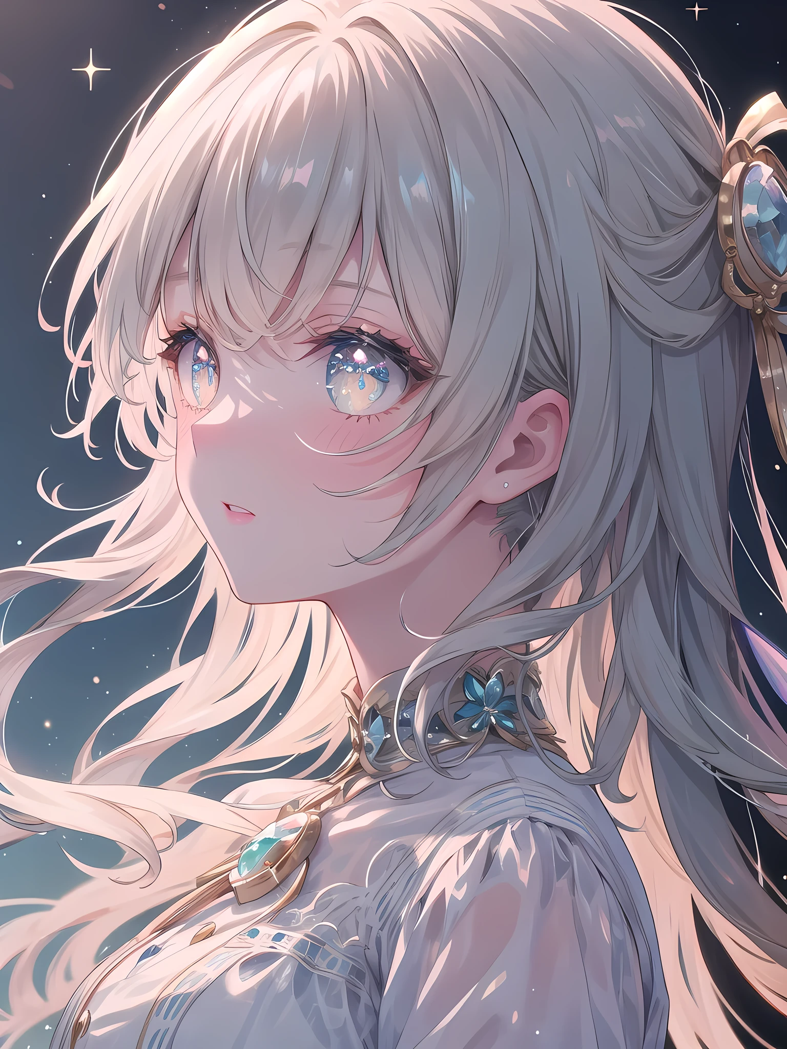 ((8k, best quality, master piece: 1.3)),super high resolution,(1 girl, solo), (colorshift eyes, hyperdetailed, expressive sparkling, glitter, glowing eyes), ultra detailed eyes, ultra-detailed face, random hair, ((pastel color)),A profile of a woman with sparkling eyes. The background is a natural landscape with gentle, soft colors, and the warm spring sunshine spreads throughout. A pale blue sky spreads in the background, with a few clouds floating in the air. In the distance are lush green hills, and colorful flowers bloom all around. The woman is dressed in an elegant and calm outfit, and her simple yet sophisticated style stands out. She is wearing a light silk shirt in a soft cream color with fine lace details. The shirt has a slightly wide collar and a flowing design around the neck. The shirt has a silhouette that falls lightly over the shoulders, highlighting the woman's elegance. Her hairstyle is long and naturally straight. Her hair is pastel in color, and when the light hits it, it seems to sparkle slightly. Her hair is swept to the side and lightly curled. Her bangs are swept to the side and styled to accentuate her profile. The shine and texture of the hair are depicted in detail, and the overall result is natural and beautiful. The woman's profile is drawn with great detail, with particular emphasis on her eyes. Her eyes are large and sparkling, a deep brown. Light reflects naturally in her eyes, accentuating their brilliance. Her eyelashes are long and gracefully curled, with each individual lash clearly defined. Her eyebrows are neatly contoured and painted to complement her facial expression. Her cheeks are lightly flushed, and her skin has a smooth, healthy glow. Her facial contours are soft, with delicate detailing of her jawline and nose. The lighting and shadows have been finely adjusted to emphasize the three-dimensionality and realism. The angle of view is set to capture the woman's profile clearly, highlighting the brilliance of her eyes.