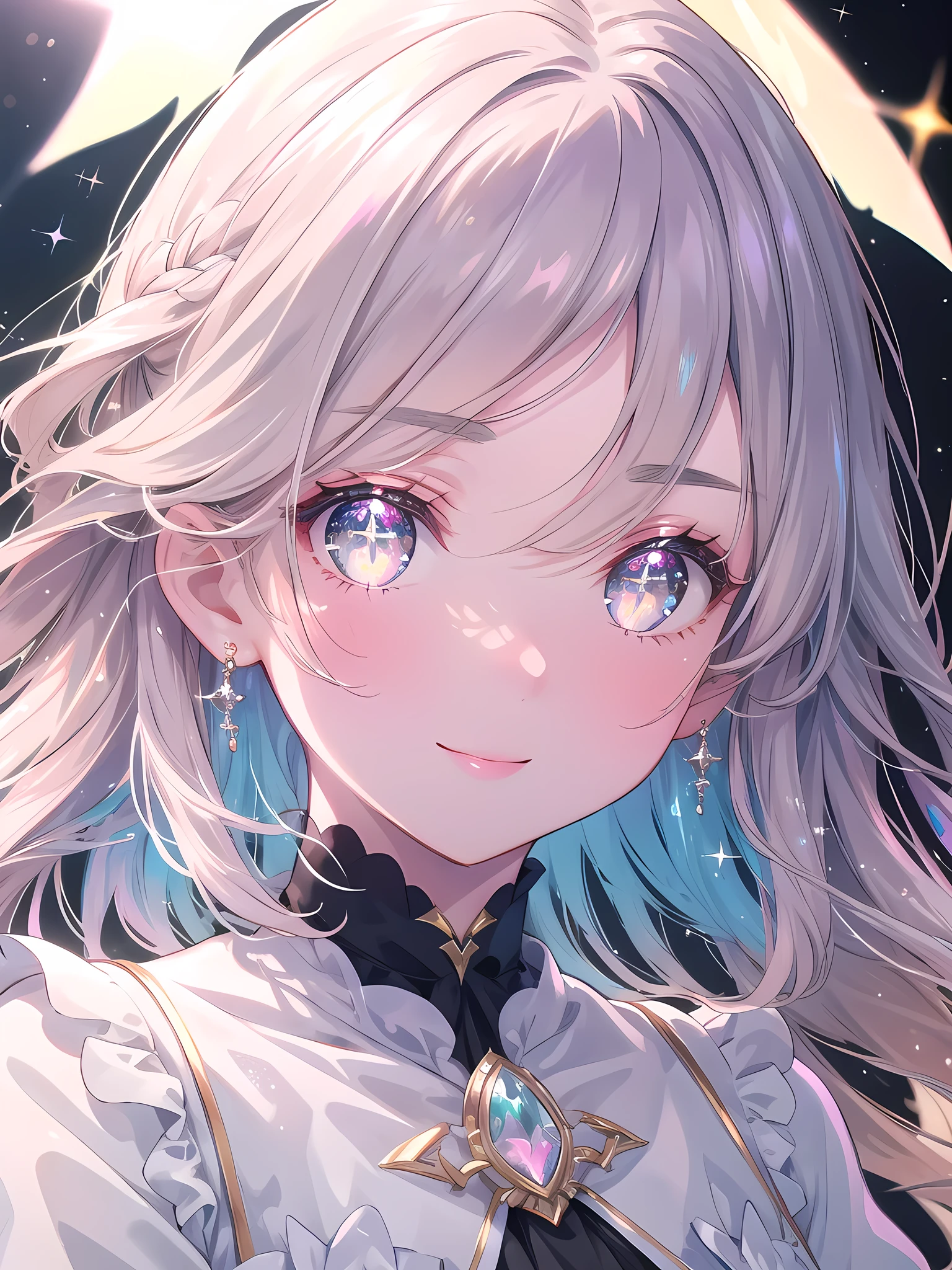 ((8k, best quality, master piece: 1.3)),super high resolution,(1 girl, solo), (colorshift eyes, hyperdetailed, expressive sparkling, glitter, glowing eyes), ultra detailed eyes, ultra-detailed face, random hair, ((pastel color)),A profile of a woman with sparkling eyes. The background is a natural landscape with gentle, soft colors. A pale blue sky spreads in the background, and a few clouds float in the air. The woman is dressed elegantly and calmly, and her simple yet sophisticated style stands out. She is wearing a thin silk shirt in a soft cream color with fine lace details. The shirt has a slightly wide collar and a flowing design around the neck. The shirt has a silhouette that falls lightly on the shoulders, highlighting the elegance of the woman. Her hairstyle is long and naturally straight. Her hair is pastel colored and seems to sparkle slightly when the light hits it. Her hair is swept to the side and lightly curled. Her bangs are swept to the side and styled to accentuate her profile. The shine and texture of the hair are finely drawn, and the overall finish is natural and beautiful. The woman's profile is drawn in detail, especially her eyes. Her eyes are large and sparkling, and are a deep brown color. The light reflects naturally on her eyes, highlighting their brilliance. Her cheeks are lightly flushed and her skin has a smooth, healthy glow. Her facial contours are soft and her jawline and nose are delicately detailed. Light and shadow are carefully adjusted to enhance depth and realism. The angle of view is set to capture the woman's profile clearly and highlight the sparkle in her eyes. The effect adds a colorful, surreal atmosphere to the image. The prism light creates colorful beams and spots that brighten up the entire scene.