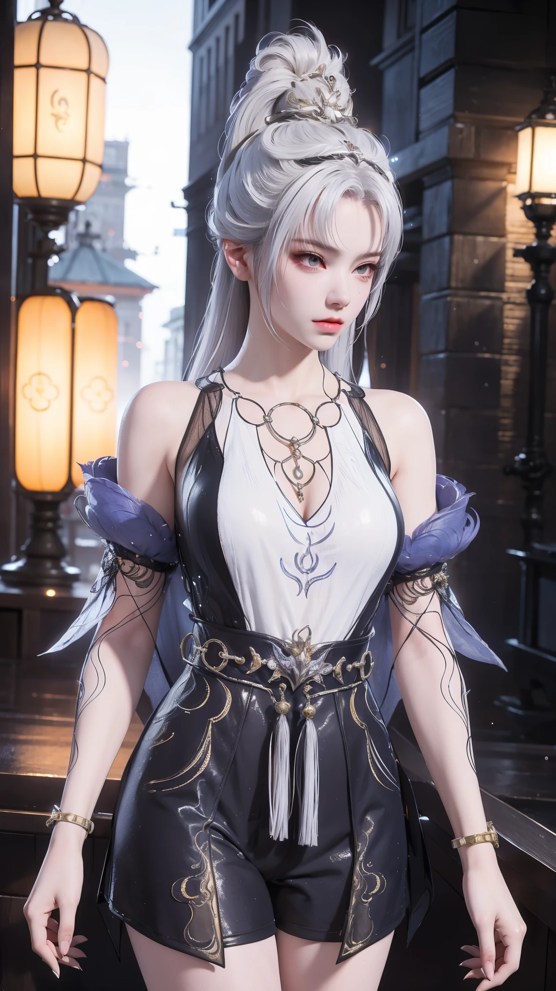 a white hair、Close-up of woman wearing white mask, Beautiful character painting, Gu Weiss, Gu Weiss style artwork, White-haired god, author:Yang Jie, Epic and beautiful character art, Stunning character art, author:Fan Qi, by Wuzhun Shifan, Gu Weiss in pixiv artstation street, Single ponytail, insult, High Ponytail, Tall and big, Long legs, (Sleeveless lace shirt), (shorts), (Striped )), ((Striped )), Walk, elegant, dignified, Feminization, Beautiful curves, sweet smile, Strong sense of detail and layering, color丰富绚丽, Has a unique texture, rich and colorful, color, vivid, Design Art, 16K, Very detailed, {{illustration}}, {Extremely refined}, {Delicate finish}, Very detailed, Delicate and shining eyes, {{Light}}, 极致Light效果, Model: realism, CFG scale: 12, Lola: Bright texture (1.35), high quality, masterpiece, Exquisite facial features, Delicate hair depiction, Delicate eye depiction, masterpiece, best quality, Light线追踪, Extremely detailed CG unified 8k wallpaper, masterpiece, best quality, (1 girl), Perfect female image, (((tight white t shirt))), beautiful eyes, (Delicate face), Black short hair, Tie your hair up, light blue hairpin, (White skin), (Optimal Lighting), (Super intricate details), 4K Unified, (Very detailed CG), Showing off her white legs, , Hot Pants, shorts,