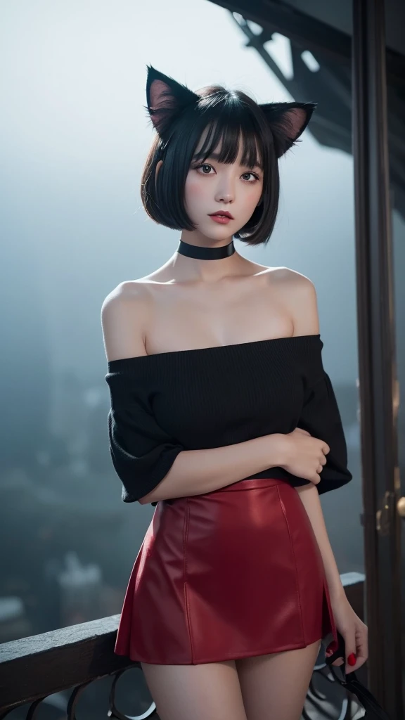 Delicate and dainty young woman with shiny bob-cut black hair and cat ears. She is wearing red only mini-skirt dress. The background is a fantastic and ethereal night sky that seems to be haunted by a specter. Her expression is stern and atmospheric. Angle from directly below