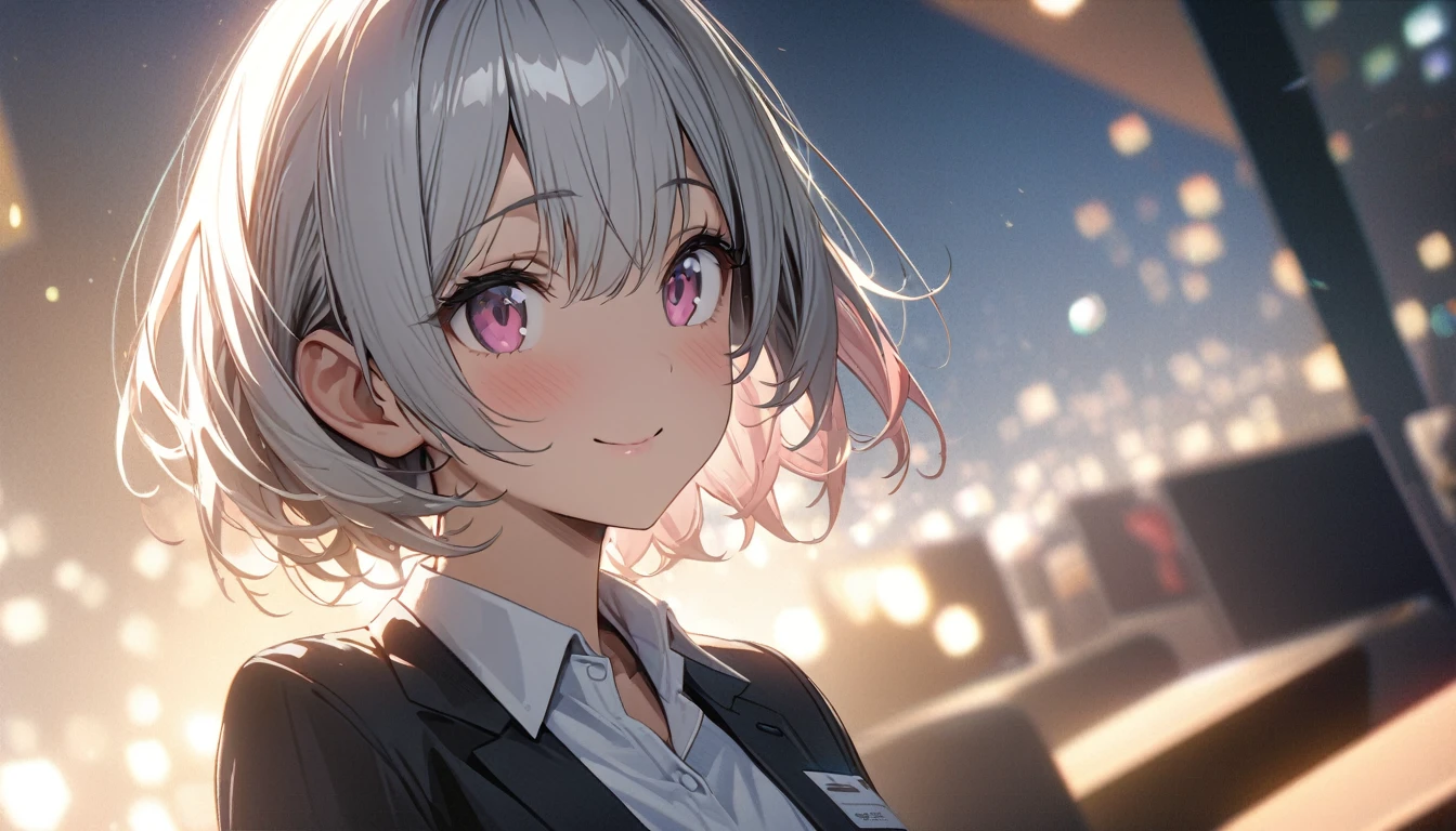 one girl, silver short hair and bob hair、I tied my hair in a bun with a hair clip..、beautiful pink eyes、smile、gentle smile on her face、flat chest, one Beautiful girl,((masterpiece, illustration, best quality) ((ultra-detailed))\,perfect face, Office lady, silver hair, short hair, office suit, ultra high resolution, ultra high details,濃い青とBeautiful Blueのグラデーション, High resolution, 8K HD detail, hyper-detail, cinematic, surrealism, soft light, deep field focus bokeh, ray tracing and surrealism. --v6