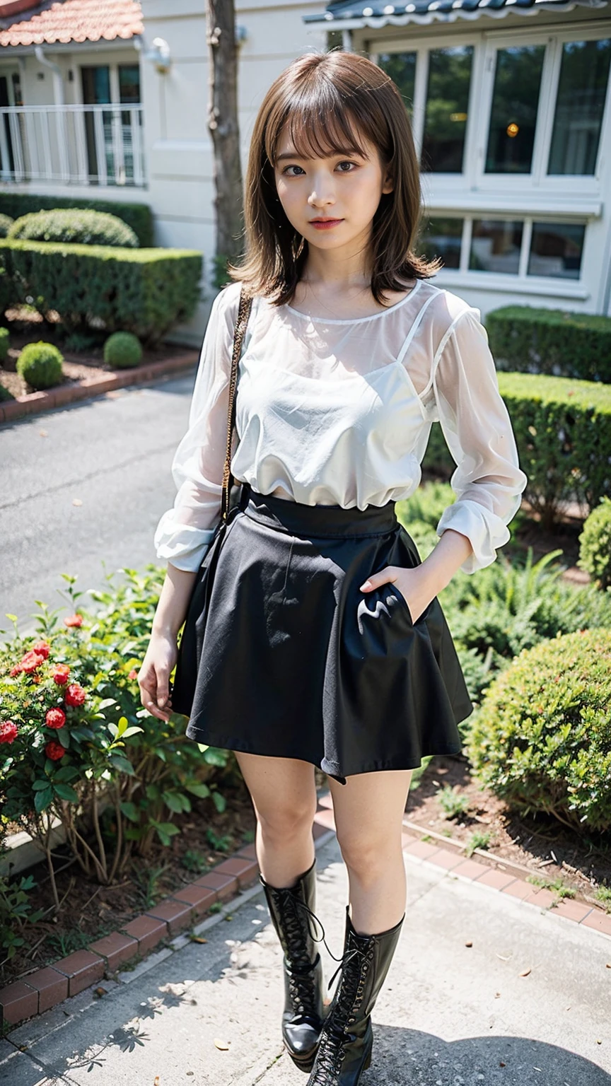 (8k、RAW Photos、Highest quality、masterpiece:1.2)、(Realistic、Realistic)、1 Girl、((Black see-through dresini skirt、garden、Exposed Skin、whole body、boots、View from the front、Looking at the camera、Stand with hands on hips))、cute