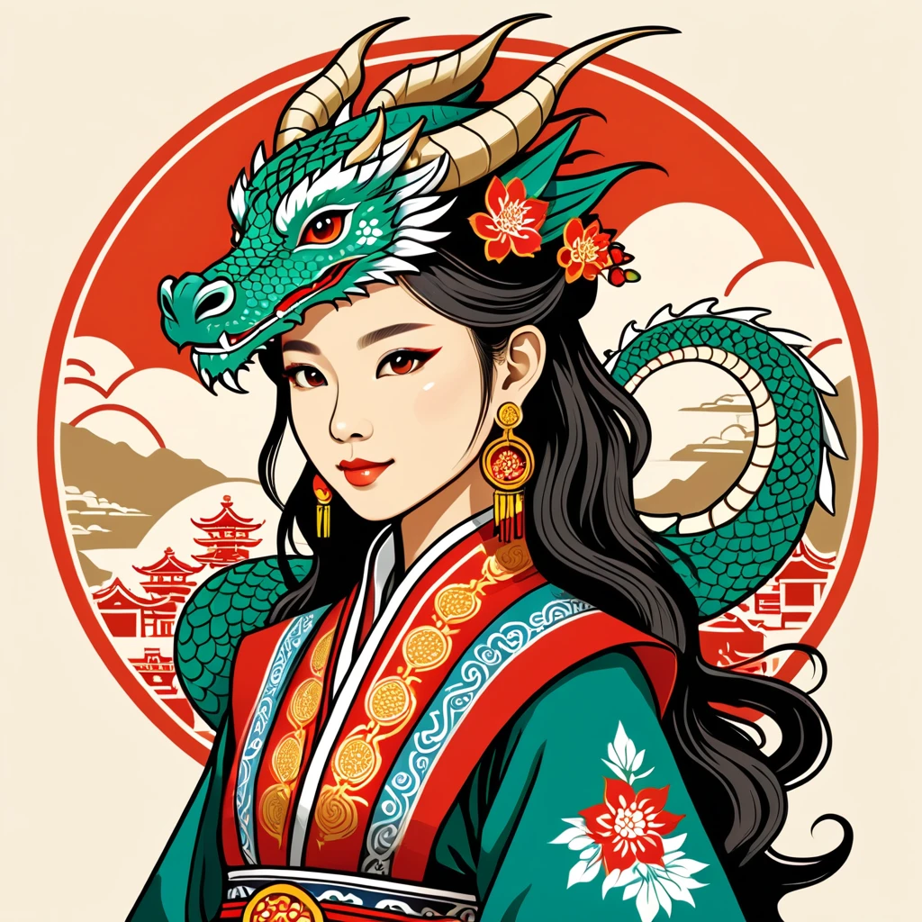 female dragon in taiwan folk outfit ,vector graphics, strong contours, logo design