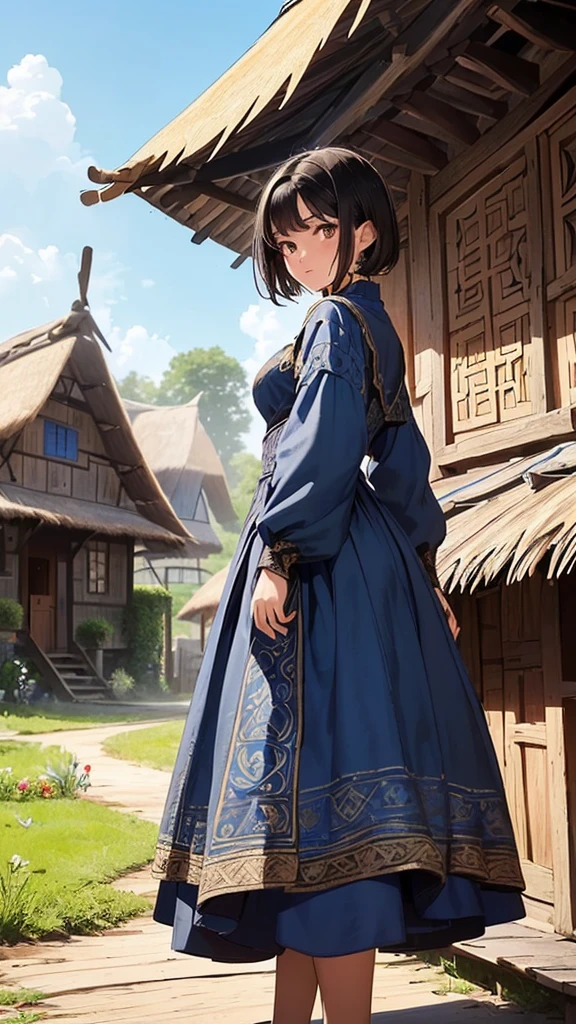 blank line
A (((very beautiful  medieval peasant))) with (((brown eyes, short black hair, and a blue dress with intricate designs))), living in a ((wooden house with a thatched roof)) and keeping (chickens) in the yard, with (farmers) in the background and a (sunny day) with (clear skies) and (whimsical patterns) all around her. Full body.