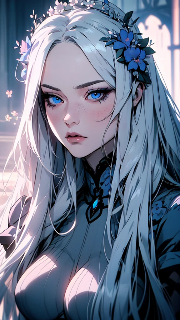 hyper-realistic  of a mysterious woman with flowing silver hair, piercing blue eyes, and a delicate floral crown, upper body