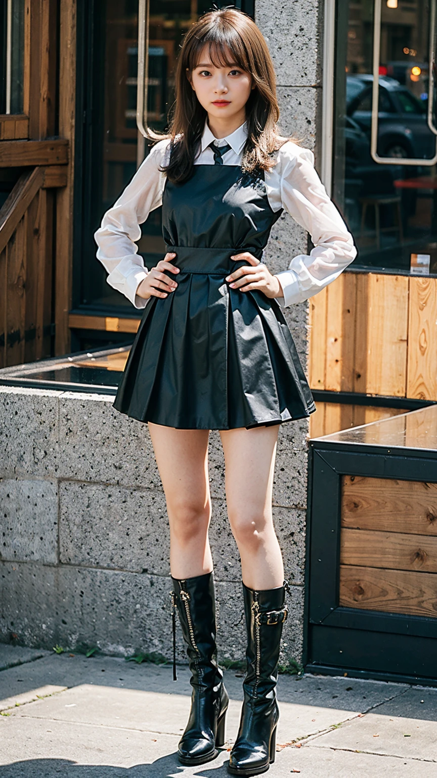 (8k、RAW Photos、Highest quality、masterpiece:1.2)、(Realistic、Realistic)、1 Girl、((Black see-through dresini skirt、Exposed Skin、whole body、boots、View from the front、Looking at the camera、Stand with hands on hips))、cute