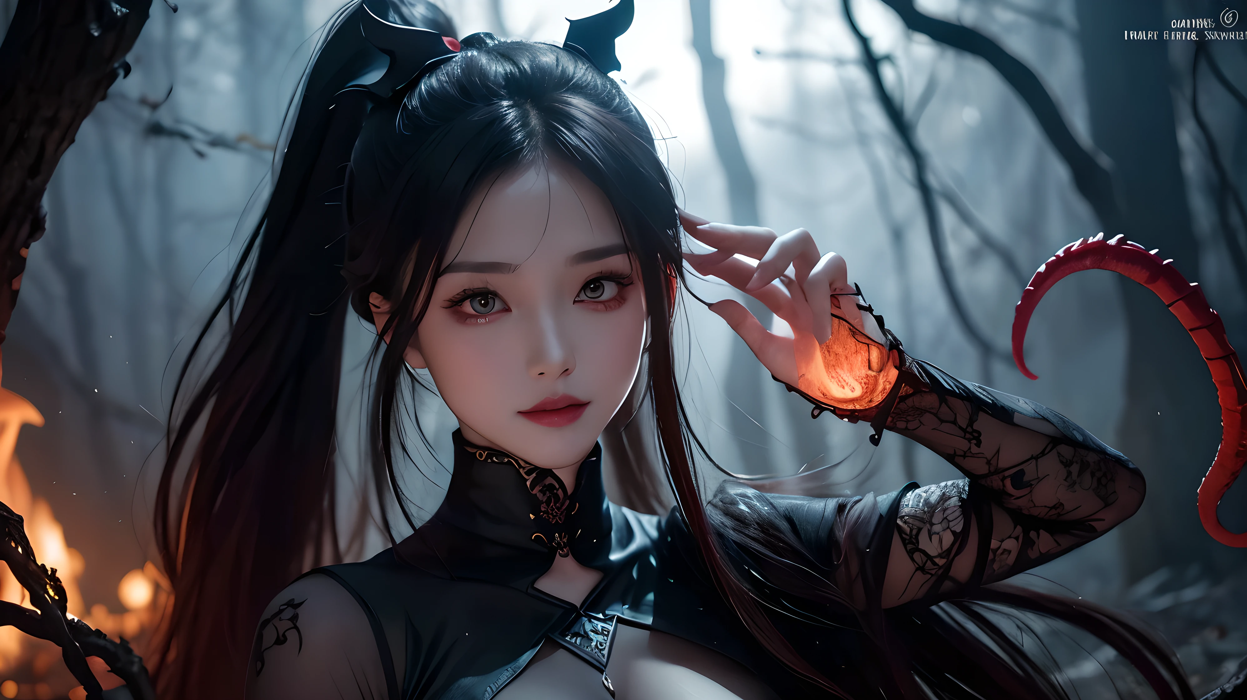 (highest quality,4K,8k,High resolution,masterpiece:1.2),Very detailed,(Realistic,photoRealistic,photo-Realistic:1.37), Close-up of a woman with dark hair and wearing a black dress, 20-year-old woman、(ponytail:1.3)、Dark Theme、Calm colors調、Calm colors、High Contrast、(Natural skin texture、Hyperrealism、Soft Light、sharp)、(Masseter region:1.3)、Beautiful expression、(A vivid face)、Beautiful Hairstyles、Realistic eyes、Beautiful details、(Realistic Skin)、Beautiful skins、(black lace bodysuit)、absurdes、Golden Ratio、Center of chest、supermodel、Dark Eyes,An ominous smile,evil aura,Burning Flames,Soul Corruption,Dark Shadows,An ominous atmosphere,Strange symbols,Cursed Land,Eternal Darkness,An unforgettable presence,Grotesque features,Horror Scene,nightmare to be born kimono,twisted reality,Scary atmosphere,A wonderful work of art,Evil Unleashed,Supernatural horror,Spooky art,nightmare fuel,Terrifyingly clear,Abstract fear,Terrifyingly beautiful,A devilish masterpiece,Fear incarnate,Shadow Chaos,A devilish existence,to be born々Shii Darkness,in style of Dark Fantasy Art, Dark Fantasy Art, Beautiful and elegant devil queen, Dark Fantasy Art, fantasy dark art, Dark fantasy digital art, Gothic fantasy art, Gothic Dark Maiden, Detailed Texture,Spooky creatures,An ominous atmosphere,Mythical,Space horror,darkness,Mysterious,dark aesthetic,Fog Background,Eyes of another world,Ancient Gods々, Powerful wizard, MysteriousStanding in the woods. Flowing robes decorated with symbols, Arms stretched out, Powerful,Tentacles,Pitch black blackness,Majestic,Unfathomable depth,nightmare,The existence of the universe,an ominous existence,seeping darknesss,Secrets of the Universe,that'Terrible,that (Spooky atmosphere), (Cartoon-like atmosphere),(Granular), (Dramatic Shadows), (Dynamic pose), ((Artistically expressed)), ((attractive), (Gothic), (Mysterious Setting), (Moody color palette), (Skillfully drawn), (sense of unease), (Intricate details), (an ominous smile), (an ominous), (attractive eyes), (Horror elements), (attractive composition), (Impressive anat