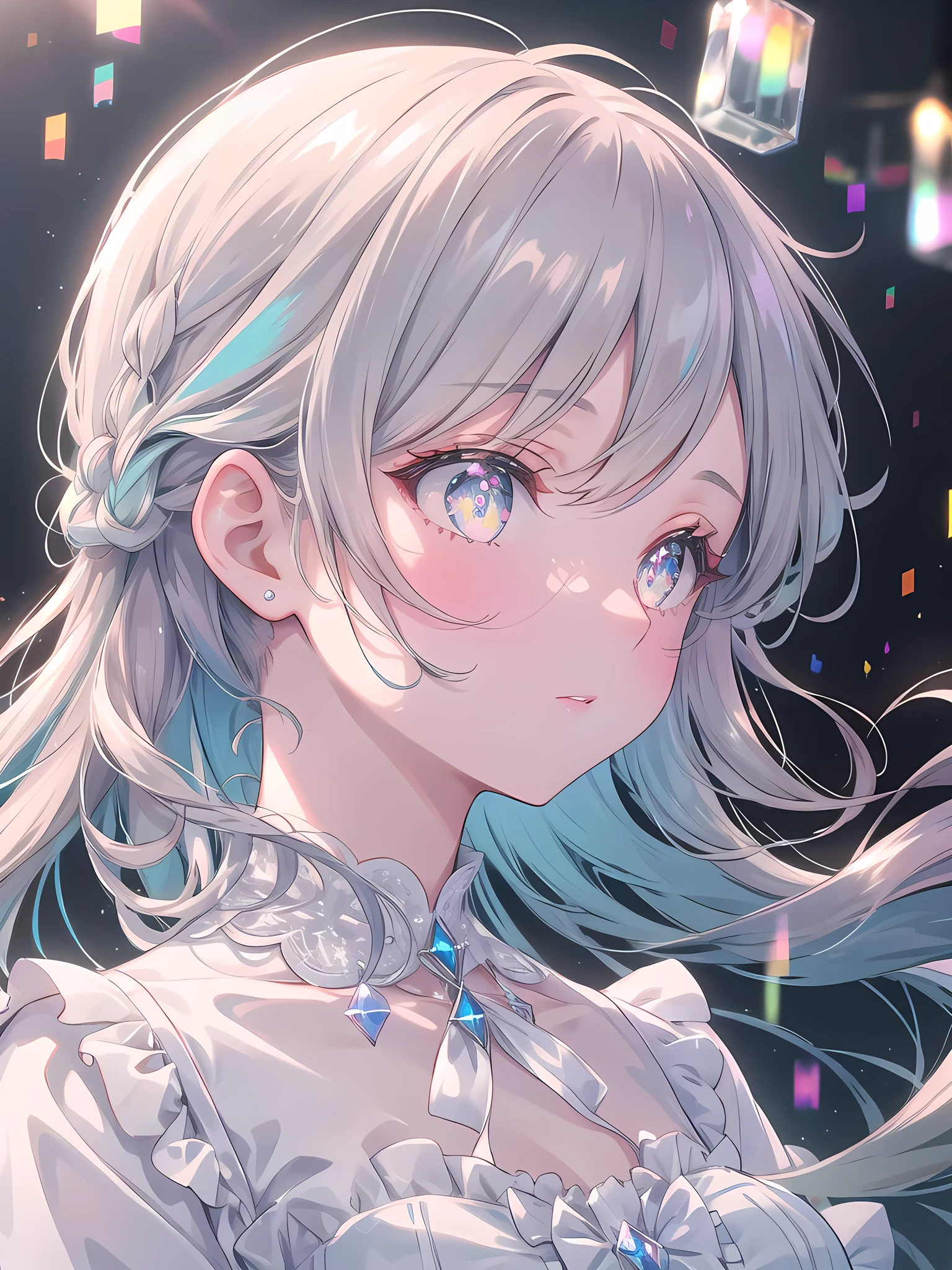 ((8k, best quality, master piece: 1.3)),super high resolution,(1 girl, solo), (colorshift eyes, hyperdetailed, expressive sparkling, glitter, glowing eyes), ultra detailed eyes, ultra-detailed face, random hair, ((pastel color)),A profile of a woman with sparkling eyes. The background is a natural landscape with gentle, soft colors. A pale blue sky spreads in the background, and a few clouds float in the air. The woman is dressed elegantly and calmly, and her simple yet sophisticated style stands out. She is wearing a thin silk shirt in a soft cream color with fine lace details. The shirt has a slightly wide collar and a flowing design around the neck. The shirt has a silhouette that falls lightly on the shoulders, highlighting the elegance of the woman. Her hairstyle is long and naturally straight. Her hair is pastel colored and seems to sparkle slightly when the light hits it. Her hair is swept to the side and lightly curled. Her bangs are swept to the side and styled to accentuate her profile. The shine and texture of the hair are finely drawn, and the overall finish is natural and beautiful. The woman's profile is drawn in detail, especially her eyes. Her eyes are large and sparkling, and are a deep brown color. The light reflects naturally on her eyes, highlighting their brilliance. Her cheeks are lightly flushed and her skin has a smooth, healthy glow. Her facial contours are soft and her jawline and nose are delicately detailed. Light and shadow are carefully adjusted to enhance depth and realism. The angle of view is set to capture the woman's profile clearly and highlight the sparkle in her eyes. The effect adds a colorful, surreal atmosphere to the image. The prism light creates colorful beams and spots that brighten up the entire scene.