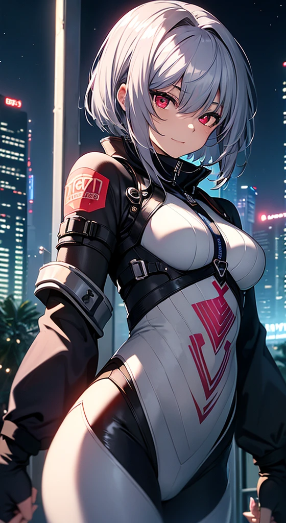 top-quality、Top image quality、in 8K,4K,​masterpiece、、ultra-detailliert、Beautiful、ultra-quality、adult-like、Cool、girl with(((18year old、rubbersuit:1.2、、silber hair、a short bob、Red Eyes、erotick:1.1、Happiness、The tattoo)))、hiquality、visualart、Background with((nightcity:1.2))、masutepiece