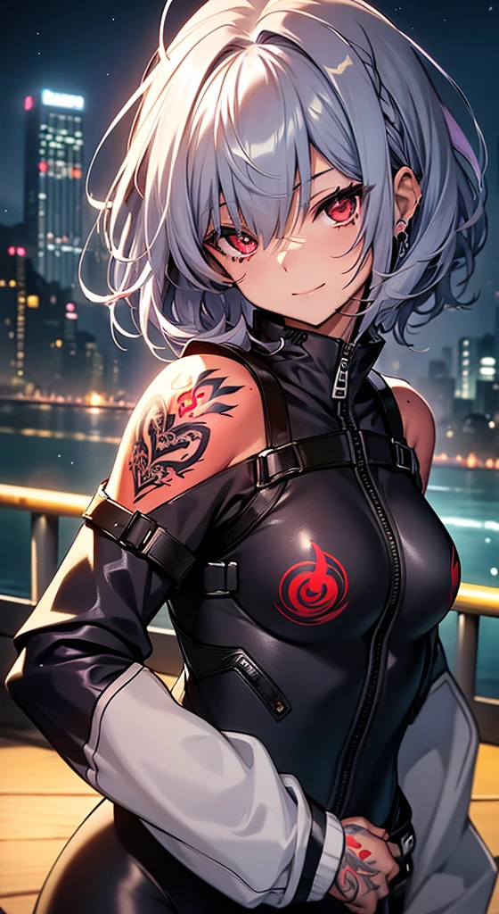 top-quality、Top image quality、in 8K,4K,​masterpiece、、ultra-detailliert、Beautiful、ultra-quality、adult-like、Cool、girl with(((18year old、rubbersuit:1.2、、silber hair、a short bob、Red Eyes、erotick:1.1、Happiness、The tattoo)))、hiquality、visualart、Background with((nightcity:1.2))、masutepiece