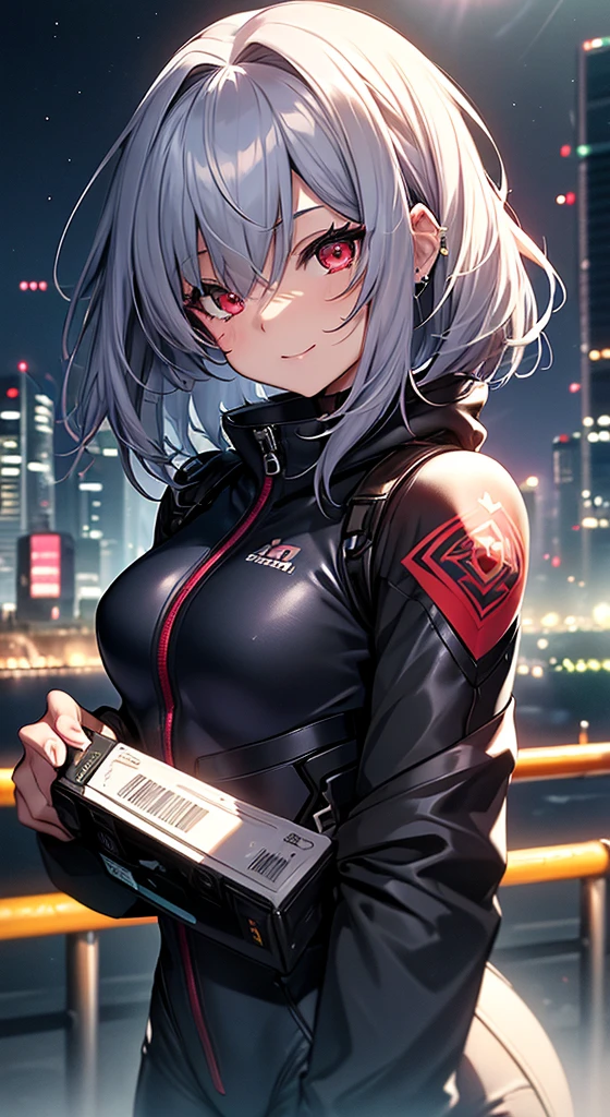 top-quality、Top image quality、in 8K,4K,masterpiece、、ultra-detailliert、Beautiful、ultra-quality、adult-like、Cool、girl with(((18year old、rubbersuit:1.2、、silber hair、a short bob、Red Eyes、erotick:1.1、Happiness、The tattoo)))、hiquality、visualart、Background with((nightcity:1.2))、masutepiece