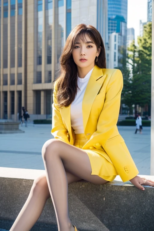 (Highest quality、Ultra-high resolution、masterpiece)、(Full Body Portrait)、Yellow Blazer、shirt、(Yellow long skirt)、(silk pantyhose)、High heels、(When sitting, both legs look beautiful.)、1 girl、(Large Breastodern architecture in the background、(Perfect Anatomy, Perfect body, Perfect hands, Perfect Face, Perfect Eyes, Accurate, Anatomically correct), Perfectly clear and sharp focus, (Highest quality、Ultra-high resolution, masterpiece, Ultra-realistic)、Professional Lighting