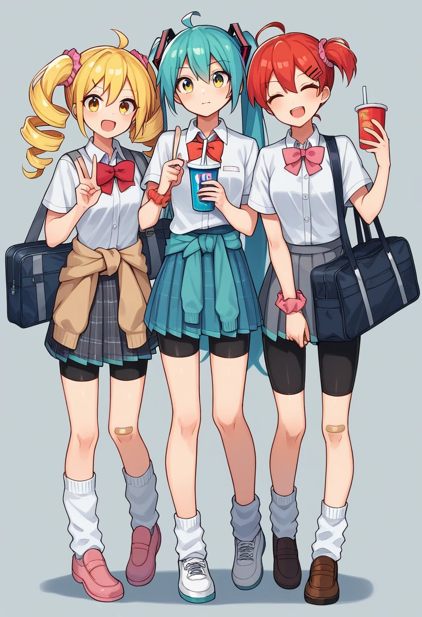 akita neru, kasane teto, hatsune miku, long hair, looking at viewer, smile, short hair, open mouth, bangs, multiple girls, skirt, blonde hair, simple background, shirt, hair ornament, red eyes, white background, bow, holding, twintails, jewelry, closed mouth, , blue hair, standing, full body, closed eyes, yellow eyes, white shirt, ahoge, short sleeves, :d, red hair, pleated skirt, shoes, shorts, socks, hairclip, collared shirt, 3girls, miniskirt, bowtie, black skirt, bag, red bow, side ponytail, cup, blue skirt, plaid, v, aqua hair, plaid skirt, expressionless, brown footwear, drill hair, phone, scrunchie, cardigan, cellphone, >_<, white socks, pink bow, bike shorts, loafers, sneakers, red bowtie, bandaid, holding cup, twin drills, smartphone, grey skirt, holding phone, school bag, drinking straw, shoulder bag, pink footwear, wrist scrunchie, clothes around waist, shorts under skirt, loose socks, brown cardigan, pink bowtie, bandaid on leg, bandaid on knee, holding drink, looking at phone