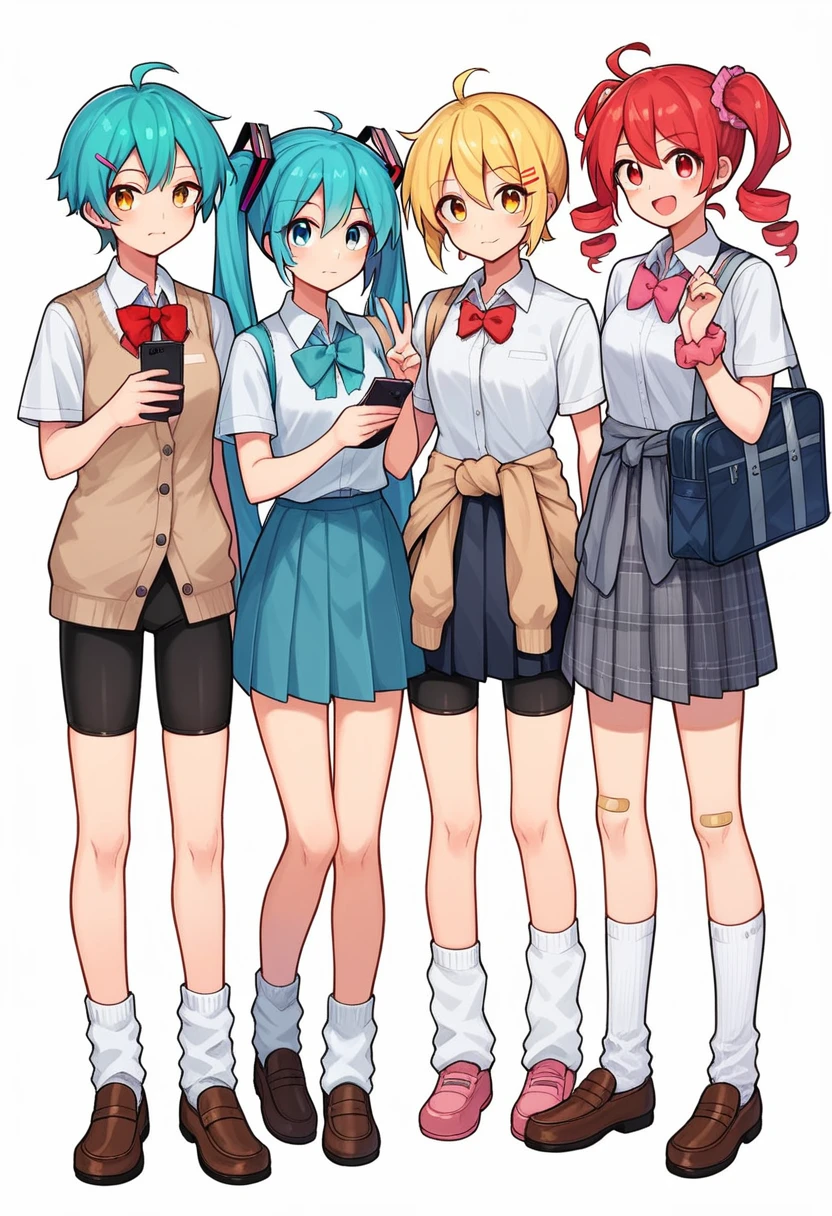 akita neru, kasane teto, hatsune miku, long hair, looking at viewer, smile, short hair, open mouth, bangs, multiple girls, skirt, blonde hair, simple background, shirt, hair ornament, red eyes, white background, bow, holding, twintails, jewelry, closed mouth, , blue hair, standing, full body, closed eyes, yellow eyes, white shirt, ahoge, short sleeves, :d, red hair, pleated skirt, shoes, shorts, socks, hairclip, collared shirt, 3girls, miniskirt, bowtie, black skirt, bag, red bow, side ponytail, cup, blue skirt, plaid, v, aqua hair, plaid skirt, expressionless, brown footwear, drill hair, phone, scrunchie, cardigan, cellphone, >_<, white socks, pink bow, bike shorts, loafers, sneakers, red bowtie, bandaid, holding cup, twin drills, smartphone, grey skirt, holding phone, school bag, drinking straw, shoulder bag, pink footwear, wrist scrunchie, clothes around waist, shorts under skirt, loose socks, brown cardigan, pink bowtie, bandaid on leg, bandaid on knee, holding drink, looking at phone