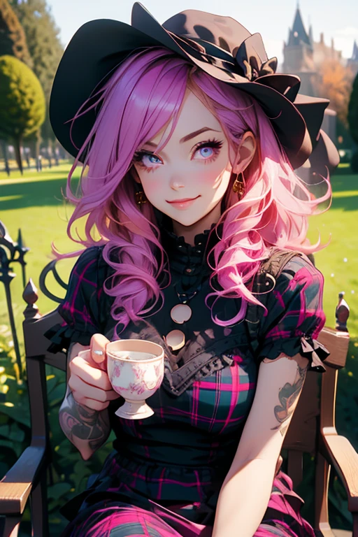 Perfect face. Perfect hands. A pink haired woman with violet eyes and an hourglass figure in a Gothic plaid dress is drinking tea in a garden with a sad smile in the park