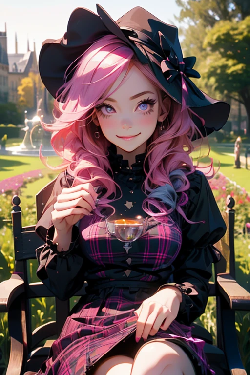 Perfect face. Perfect hands. A pink haired woman with violet eyes and an hourglass figure in a Gothic plaid dress is drinking tea in a garden with a sad smile in the park