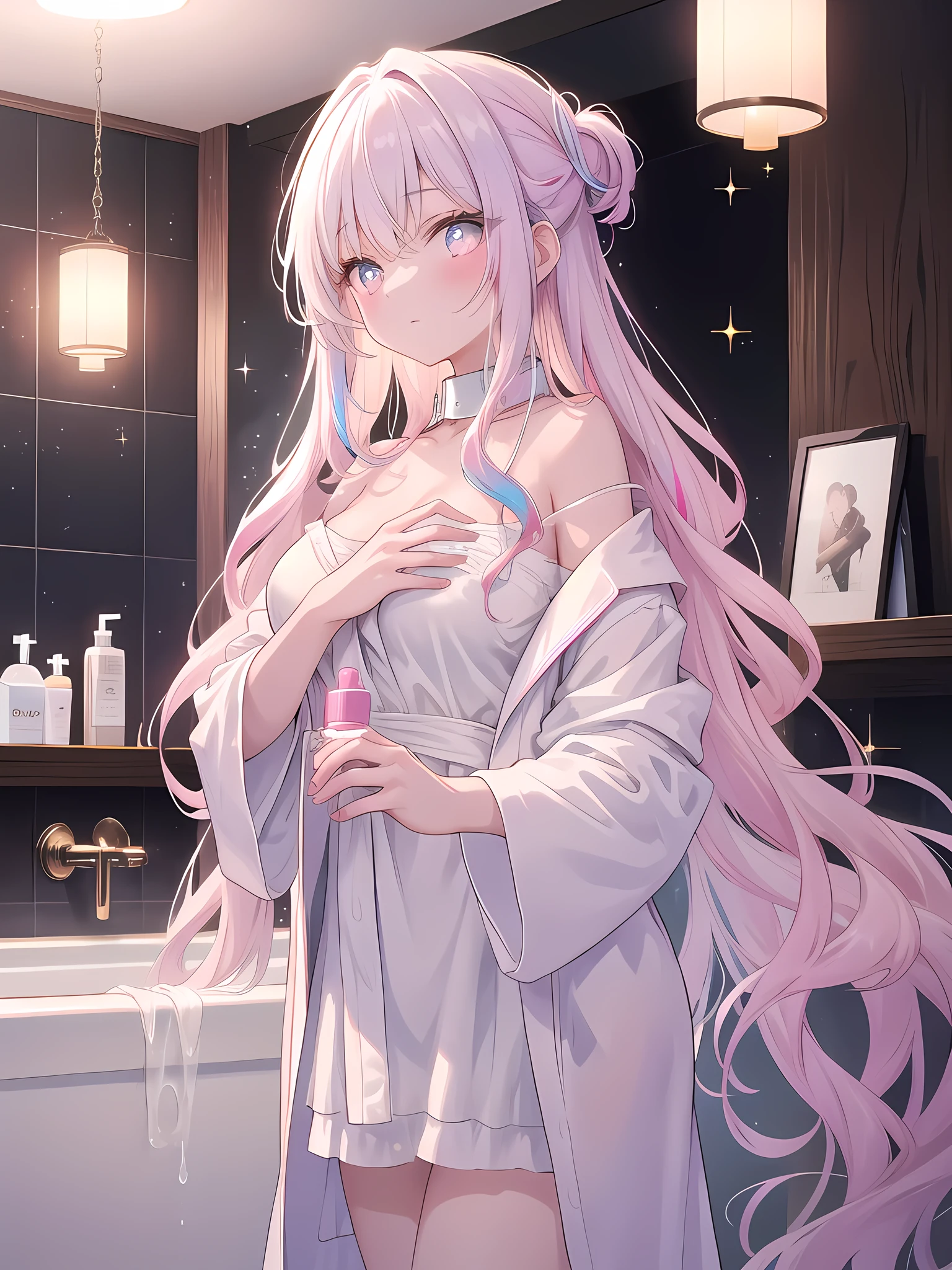 ((8k, best quality, master piece: 1.3)),super high resolution,(1 girl, solo), (colorshift eyes, hyperdetailed, expressive sparkling, glitter, glowing eyes), ultra detailed eyes, ultra-detailed face, random hair, ((pastel color)),A woman in a bathrobe. The background is a luxurious and relaxing bathroom, with a spacious space that creates a comfortable atmosphere. A large white bathtub is placed in the center of the bathroom, filled with bubbling hot water. Aroma candles and soft towels are neatly arranged around the bathtub. The walls are a pale cream color, and the bathtub is softly lit by indirect lighting. The woman is wearing a high-quality bathrobe made of fluffy white terry cloth. The collar and cuffs of the bathrobe are also decorated with white fringes, giving the overall impression of luxury and elegance. The bathrobe hangs lightly from her shoulders and is slightly open in front, giving a slight glimpse of her ?????. Her hair is long and wavy, with a moist texture and a moist feel. Her hair is a natural pastel color, lightly dried and hanging over her shoulders. Her expression is relaxed. Her cheeks are slightly red, the natural redness after a warm bath. She is standing in front of a bathroom counter lined with trendy skincare products and perfumes. She holds a vial of lotion in one hand and lightly presses the front of her bathrobe with the other. Her posture is relaxed and her overall appearance is elegant and poised. The angle of the shot allows us to see her entire body from the waist up. This effect gives the image a soft, dreamy feel. Magical, this effect gives the image a dreamy, dreamy feel. The rainbow colors radiate out, creating a vibrant visual that catches the viewer's eye.