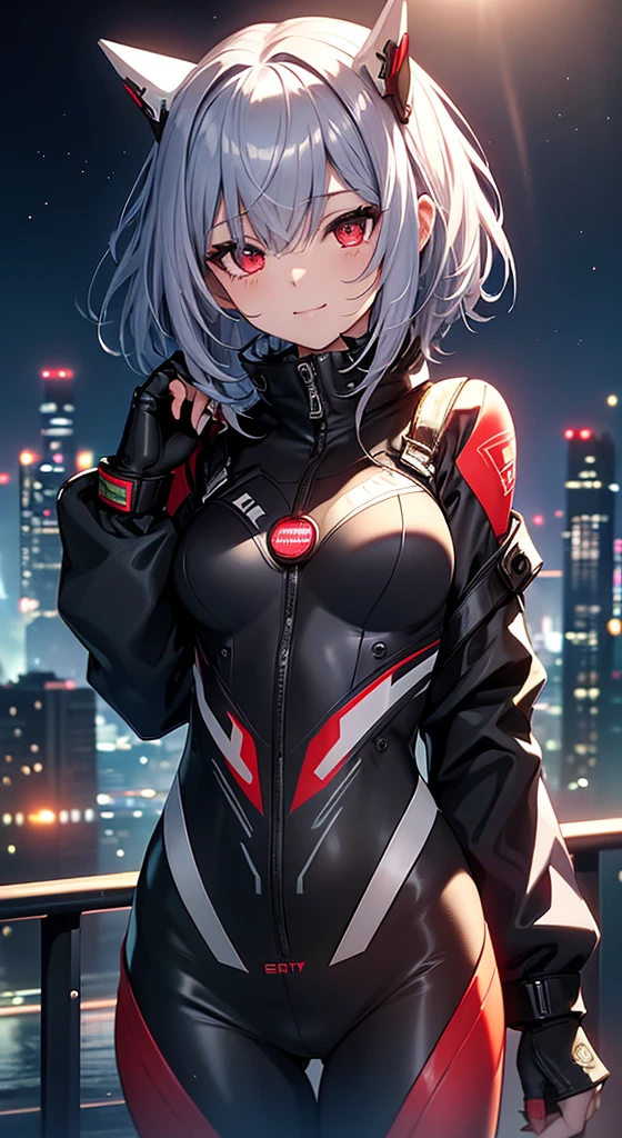 top-quality、Top image quality、in 8K,4K,masterpiece、、ultra-detailliert、Beautiful、ultra-quality、adult-like、Cool、girl with(((18year old、rubbersuit:1.2、、silber hair、a short bob、Red Eyes、erotick:1.1、Happiness、The tattoo)))、hiquality、visualart、Background with((nightcity:1.2))、masutepiece