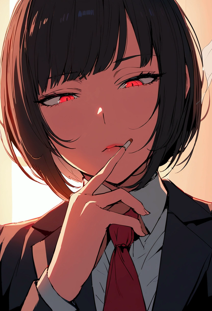 a woman in a suit, looking down at viewer with narrowed eyes, she is smoking a cigarette, beautiful, red eye, black hair, wolf hair cut, low angle view