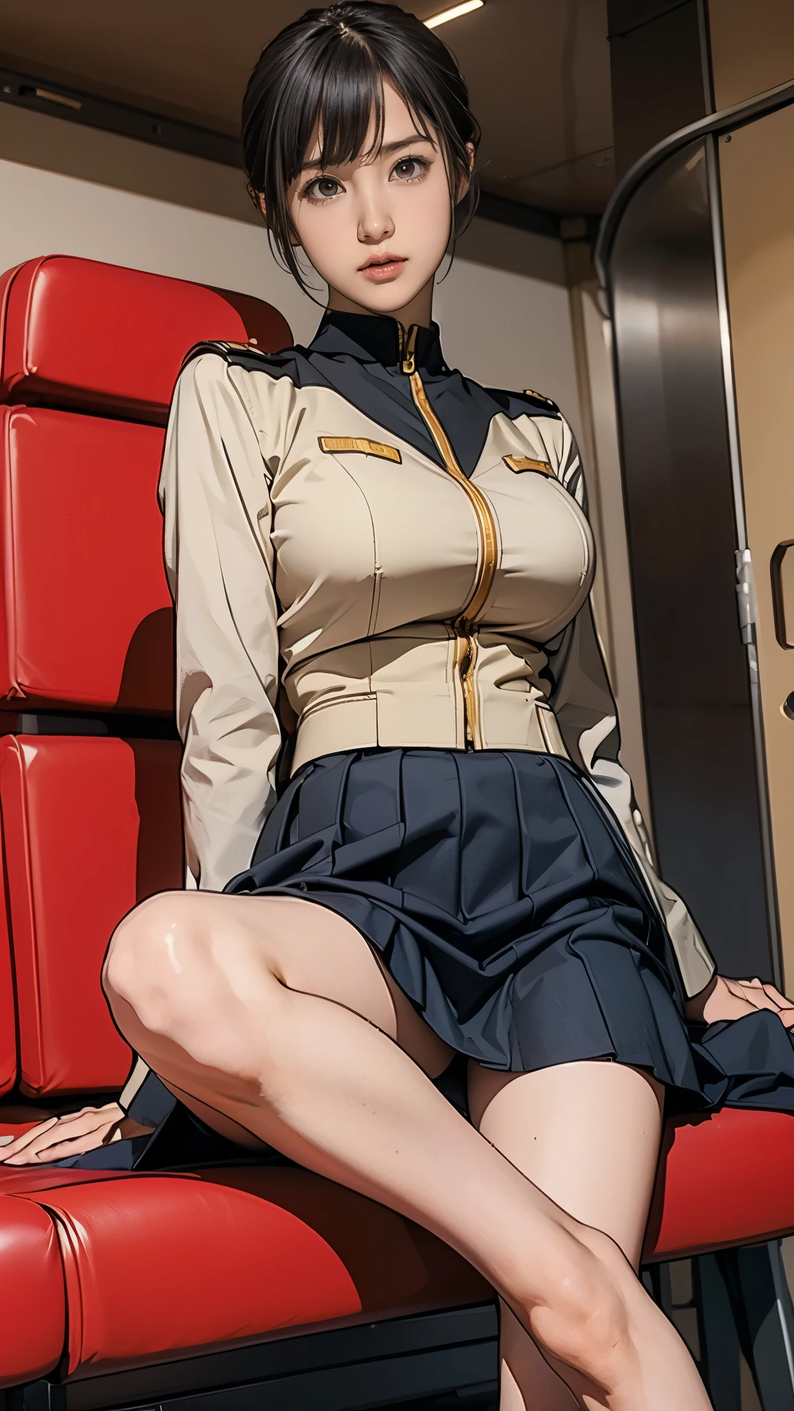 -yeld giEarth Federation Operator Girl Soldier、Black short hair、Large Breasts、Idol-level cuteness、Childish face and appearance、Operator intercom mounted on head、Accurately drawn faces、thin、健康的なKnee-lengthスカート風の地球連邦軍制服、Knee-length、Inside the bridge of a battleship、Low angle shot、Anatomically correct、Accurate Fingers、Accurate Rimbuster Piece、Photorealization